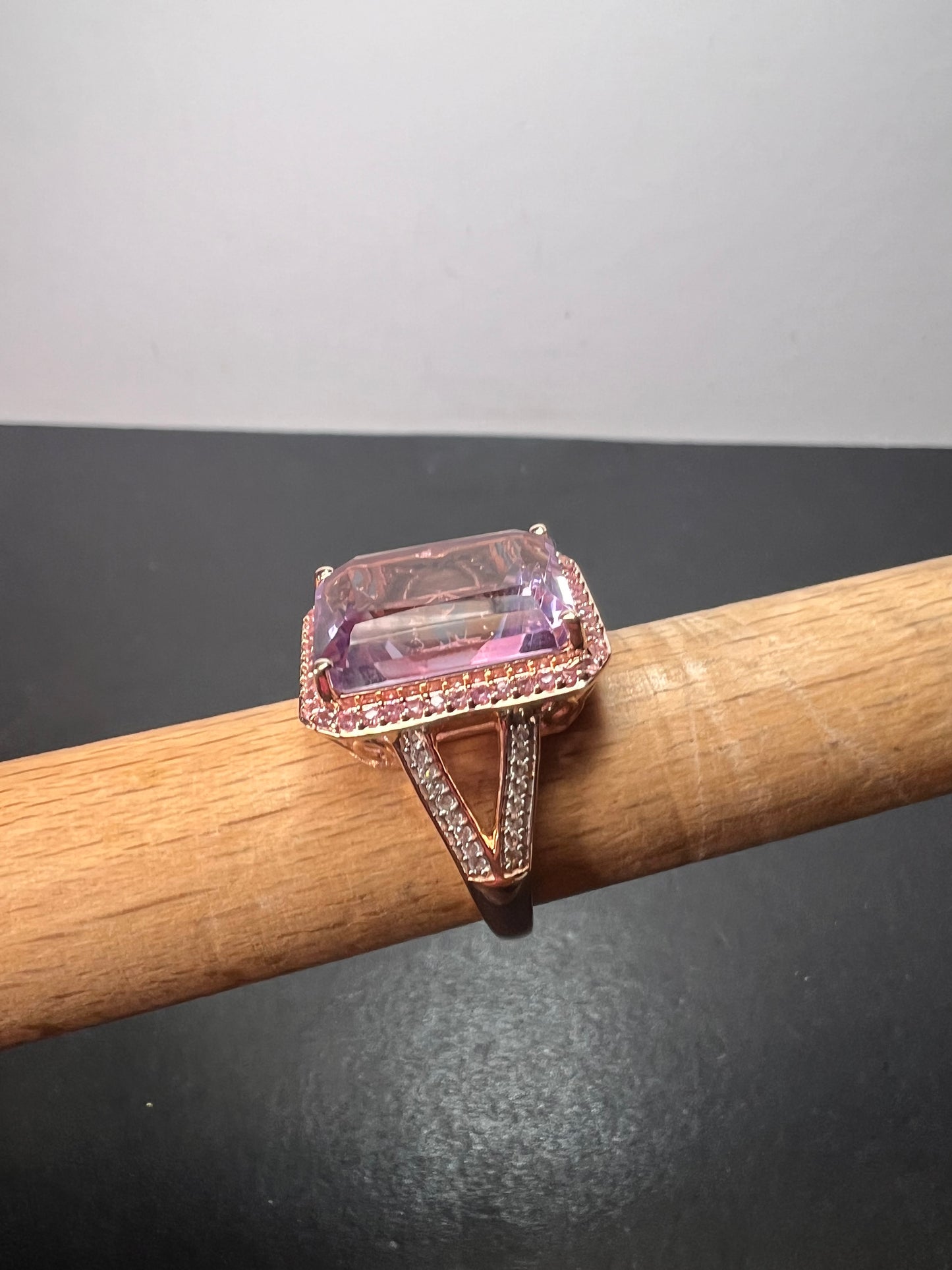 Radiant cut rose de France amethyst and pink sapphire halo ring in rose gold vermeil over sterling silver size 8 *NEW*