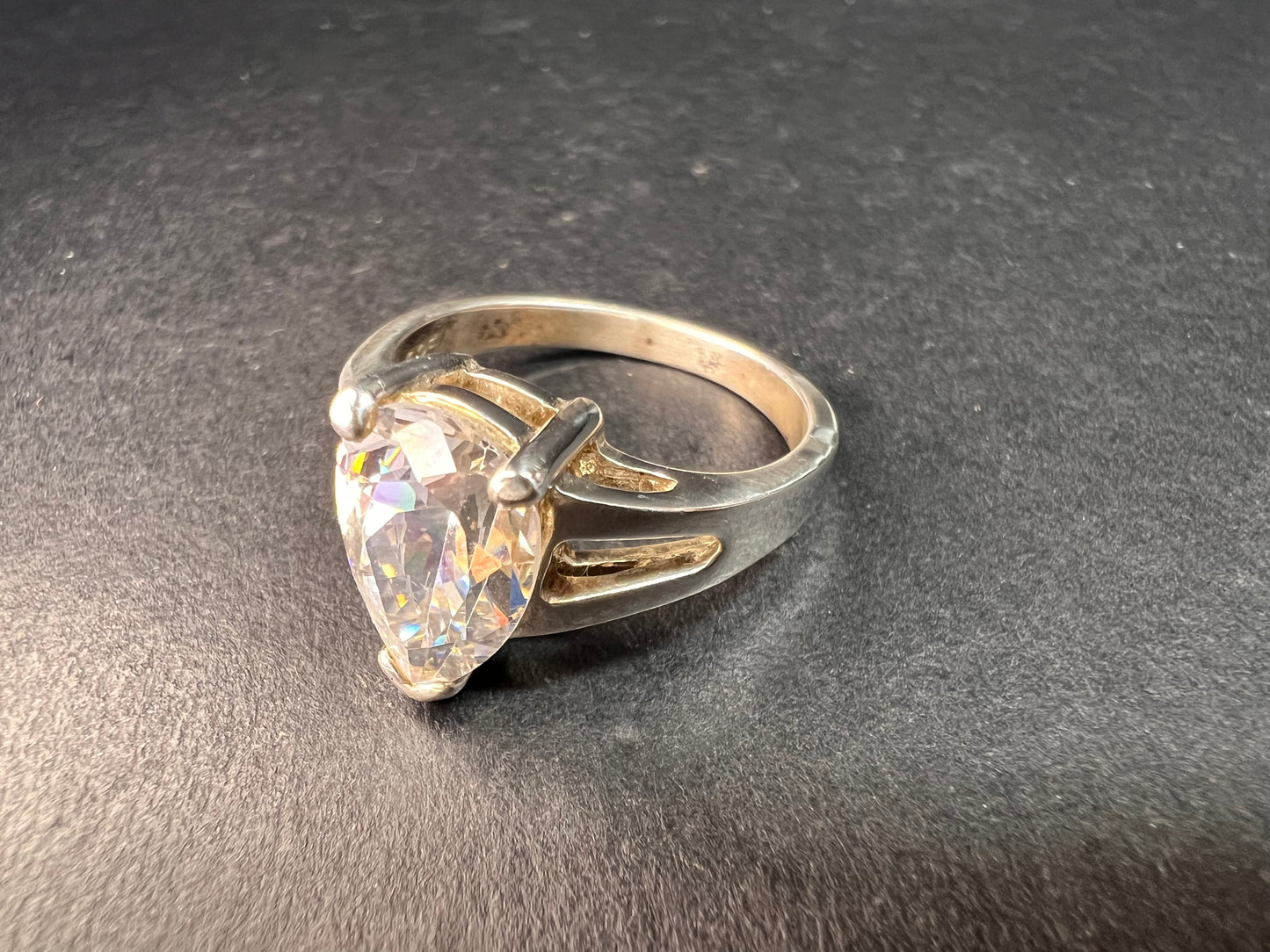 Vintage CZ Pear Solitaire in Sterling Silver, Open Gallery Split Shank, Size 9