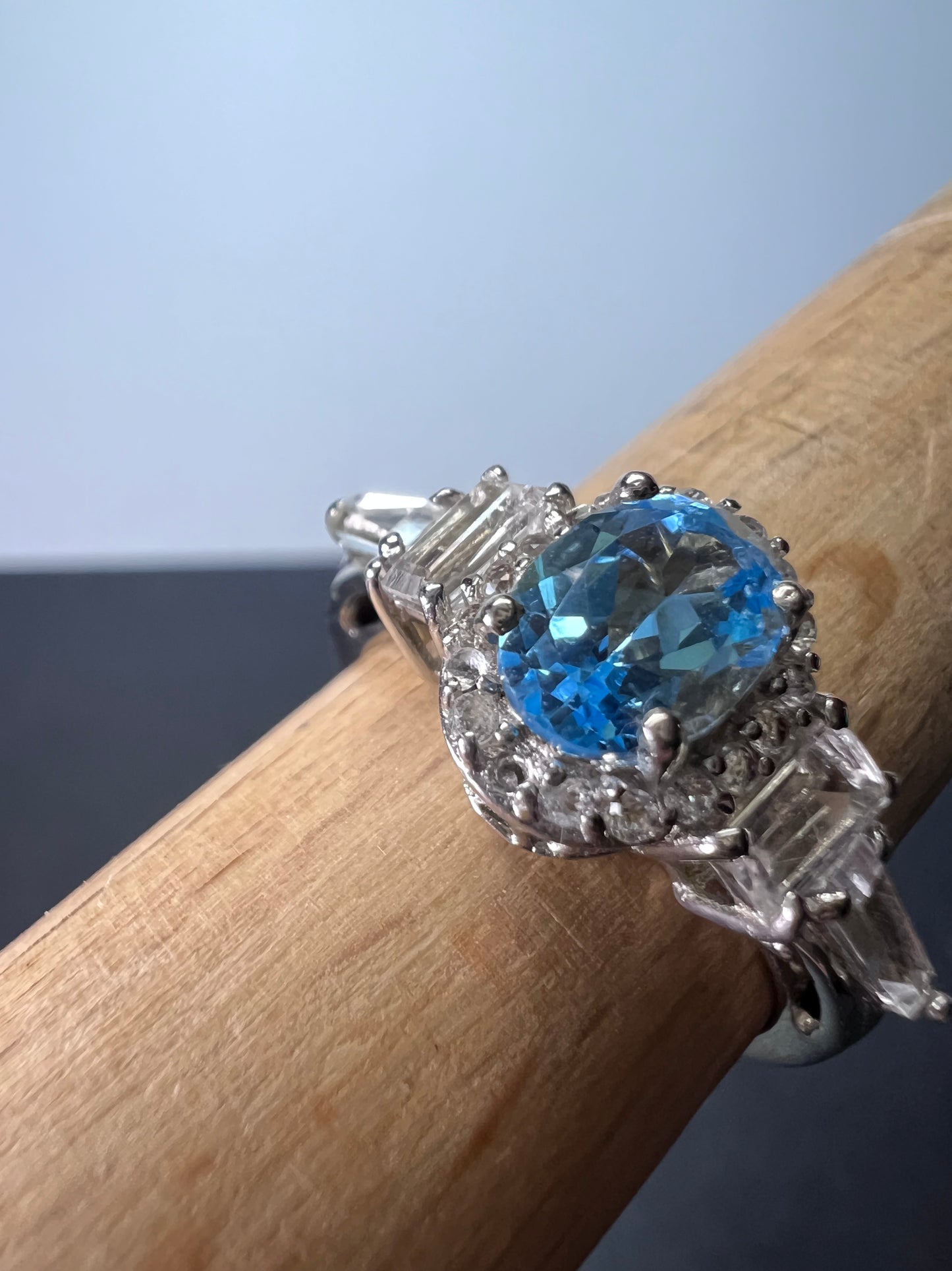 Blue and white topaz sterling silver halo ring size 9