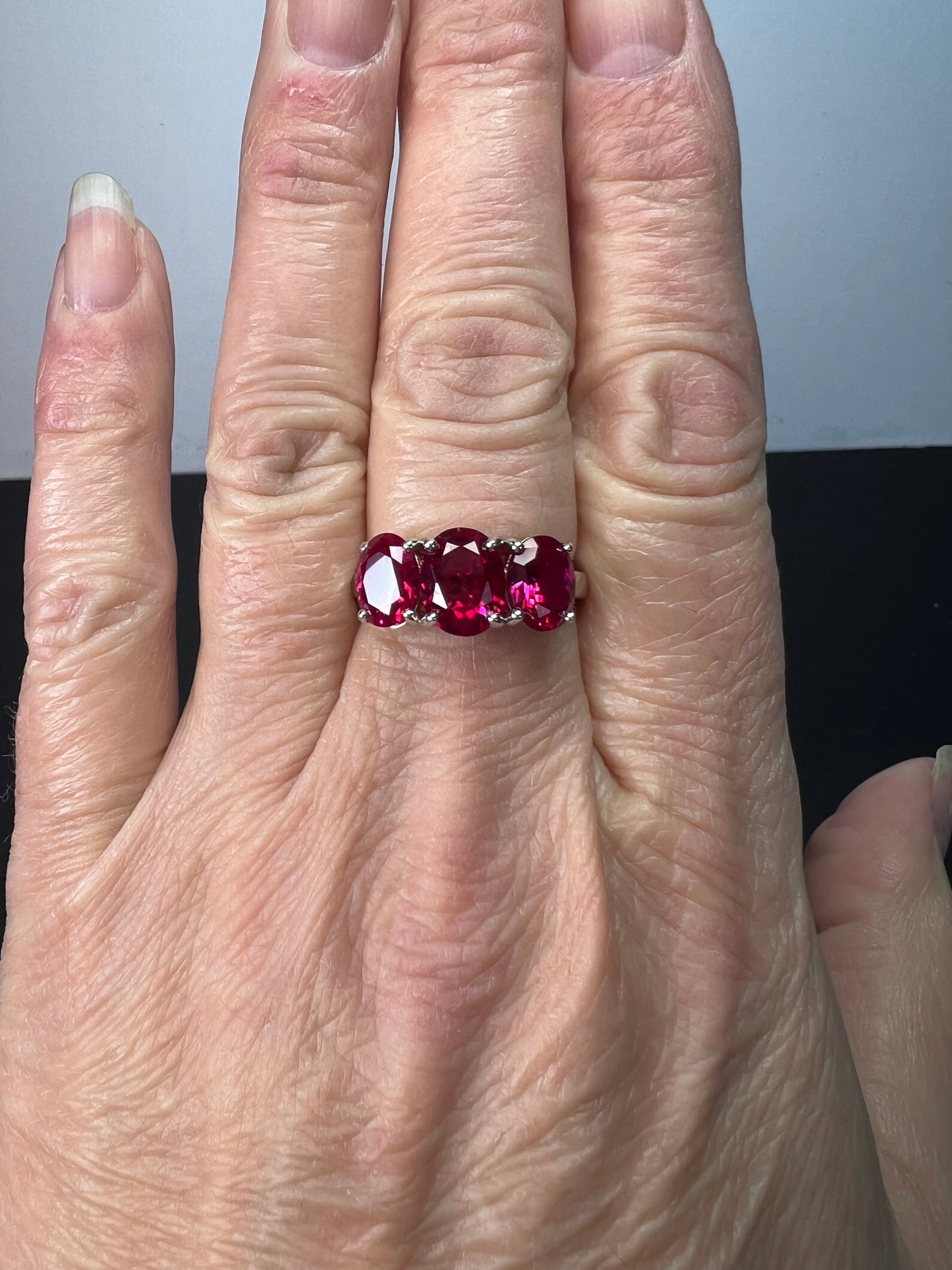 Lab created ruby and silver triple stone ring size 8