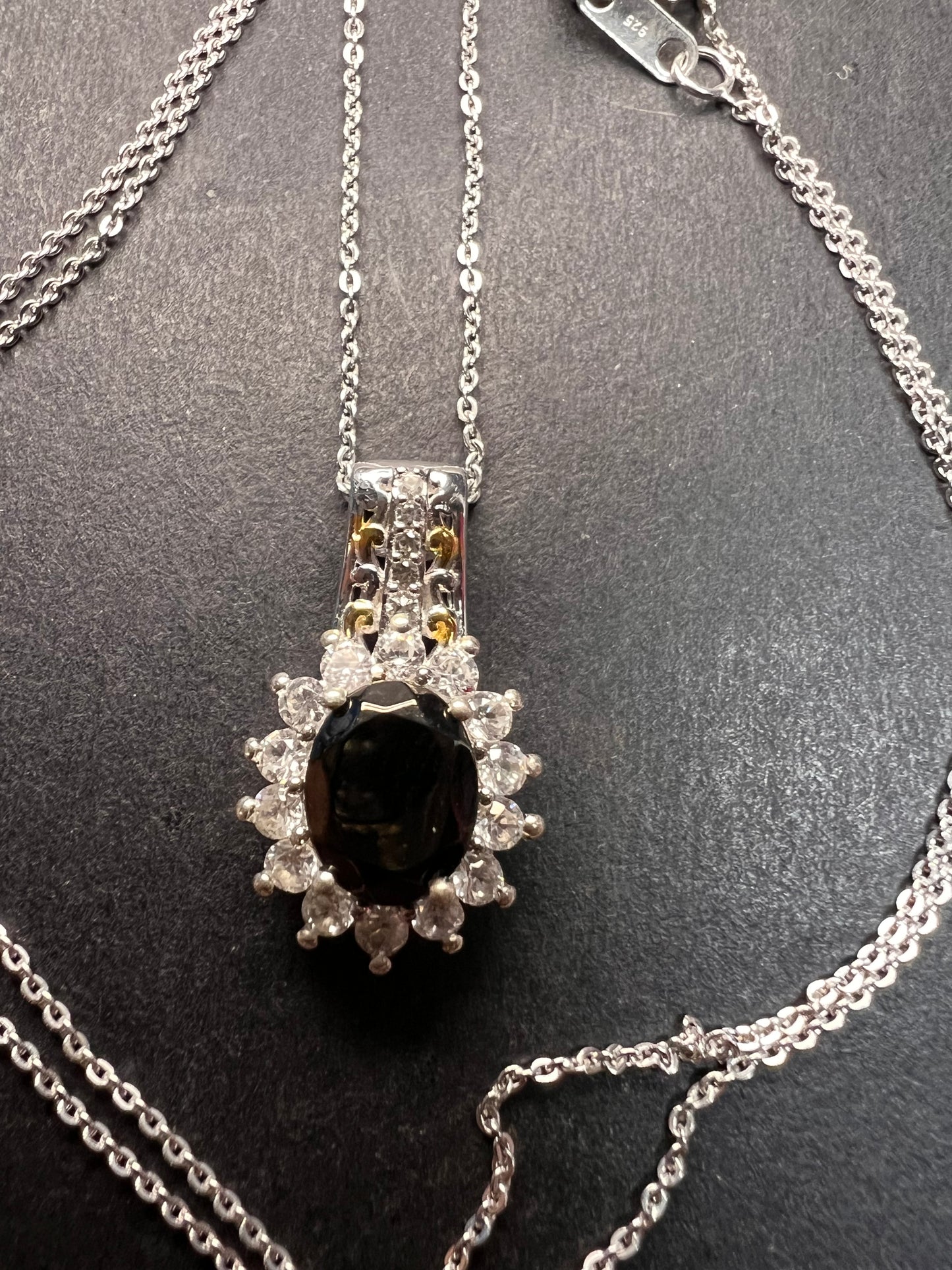 NEW elite Shungite and zircon pendant and chain in vermeil and rhodium over sterling silver