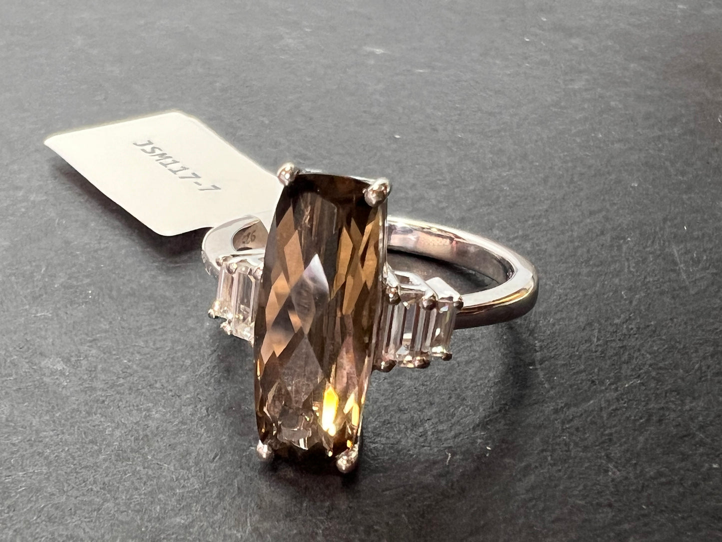 Brown Smoky Quartz With White Zircon Rhodium Over Sterling Silver Ring 3.33ctw size 7 *NEW*