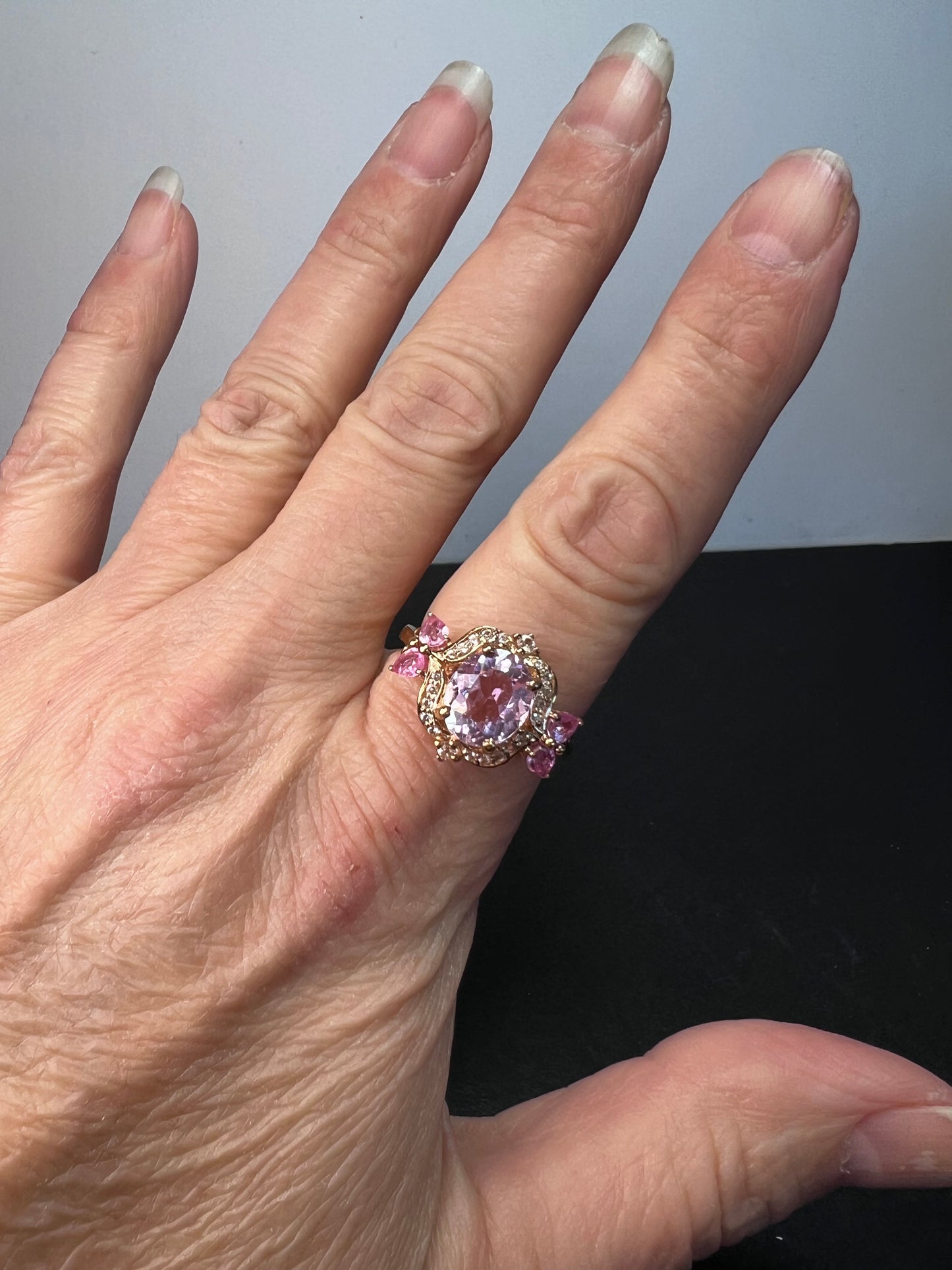 Kunzite and pink sapphire halo ring size 9