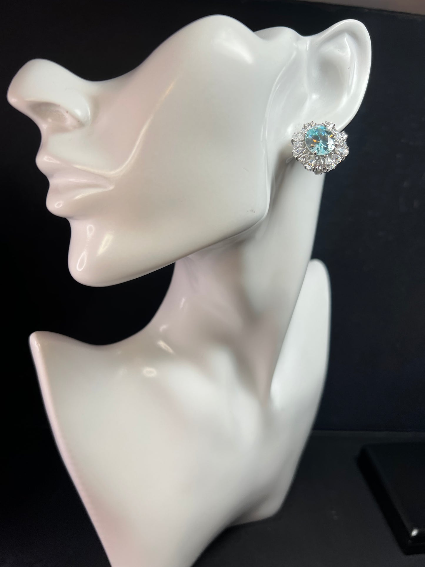 Sterling Silver Aqua CZ Halo Omega Back Earrings New w Tags