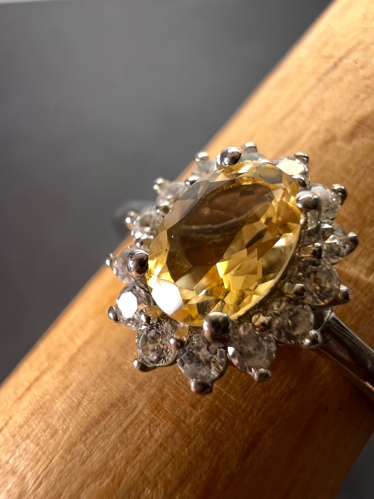 Brazilian citrine and zircon halo ring in platinum over sterling silver size 9 *NEW*