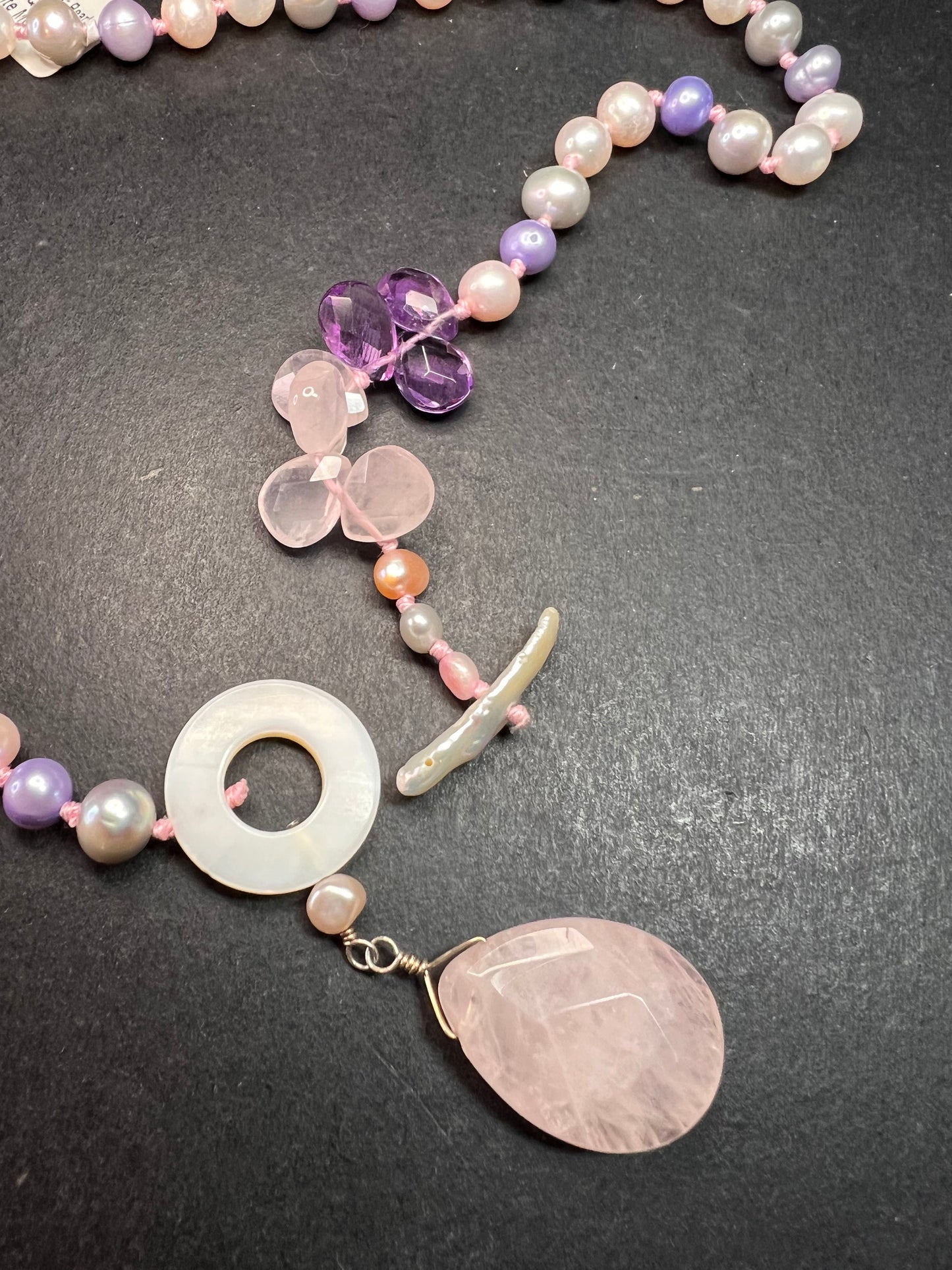 NEW multi color freshwater pearl, rose quartz and amethyst necklace