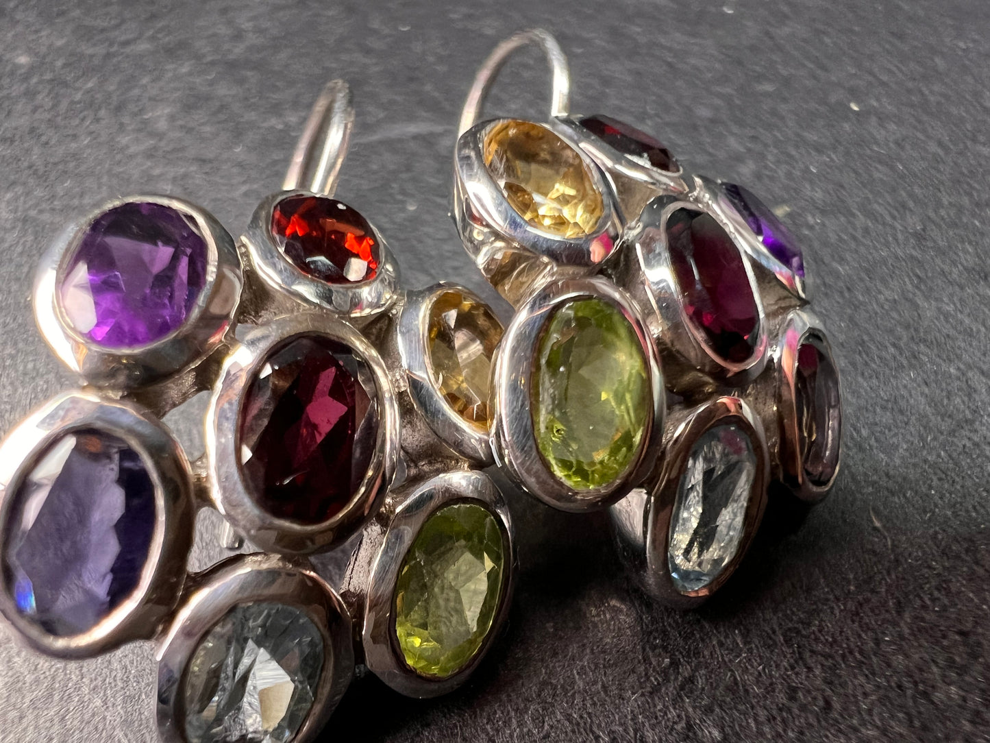 Vintage multi gemstone cluster boho earrings in sterling silver