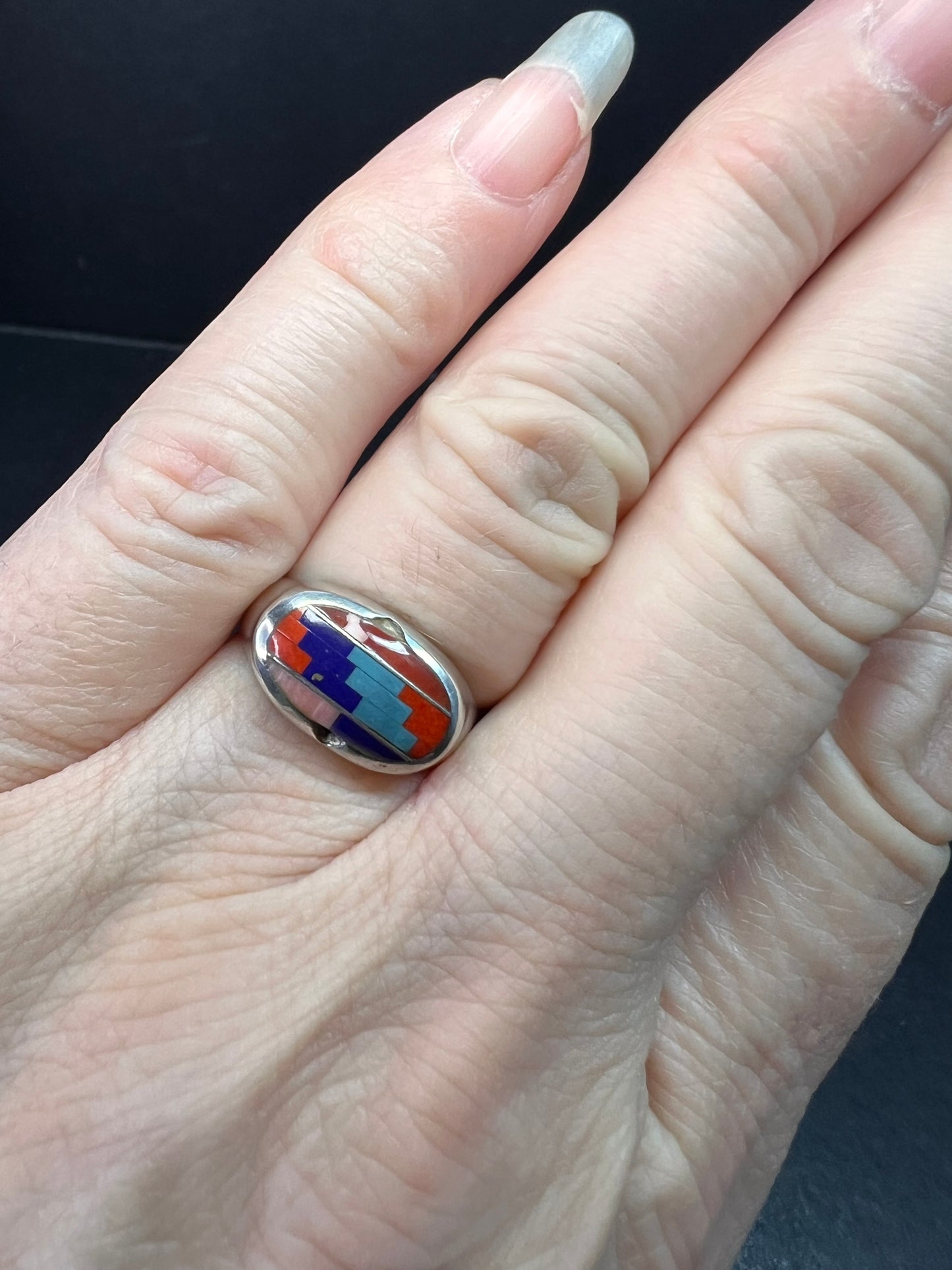 Vintage 925 Sterling Silver Southwest Mosaic Inlay Ring Size 7