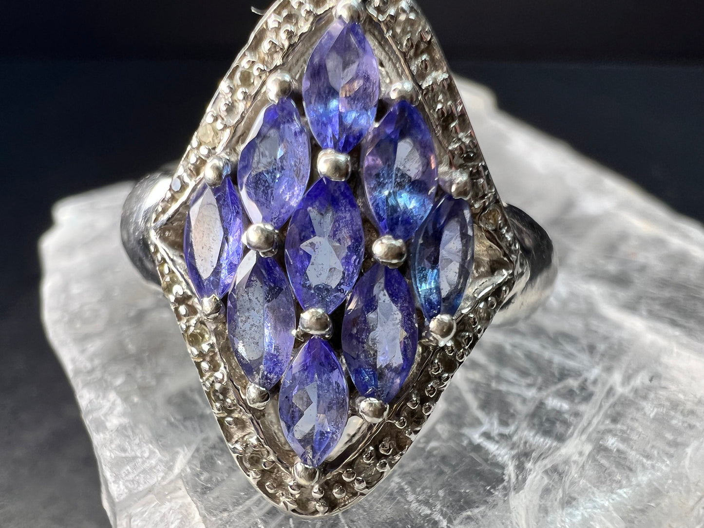 Vintage Tanzanite Diamond Sterling Silver Marquise Ring Size 9