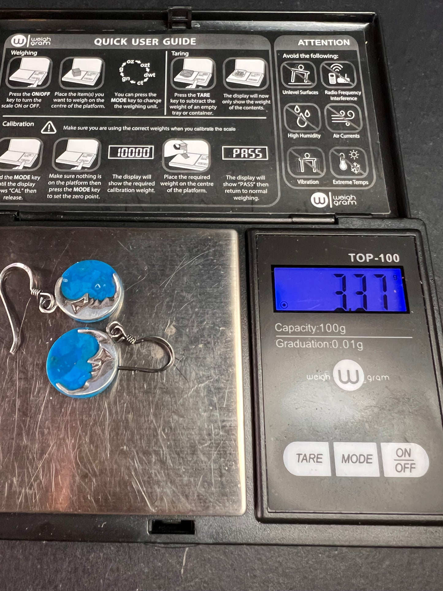 Vintage Sterling Silver Crescent Moon Blue Stone Dangle Earrings