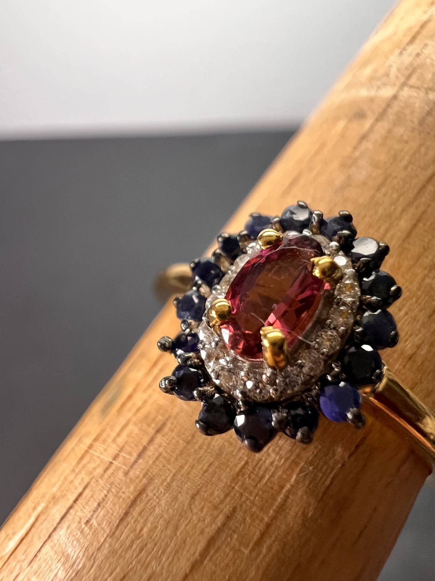 Ofiki rubellite and blue sapphire double halo ring in vermeil yellow gold over sterling silver size 8