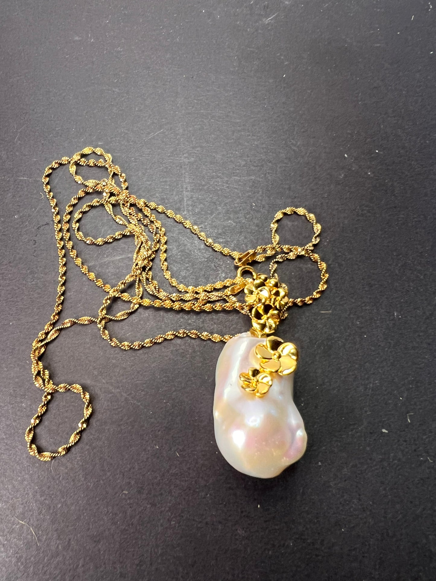 Baroque pearl floral pendant necklace with 30 inch gold over sterling silver chain