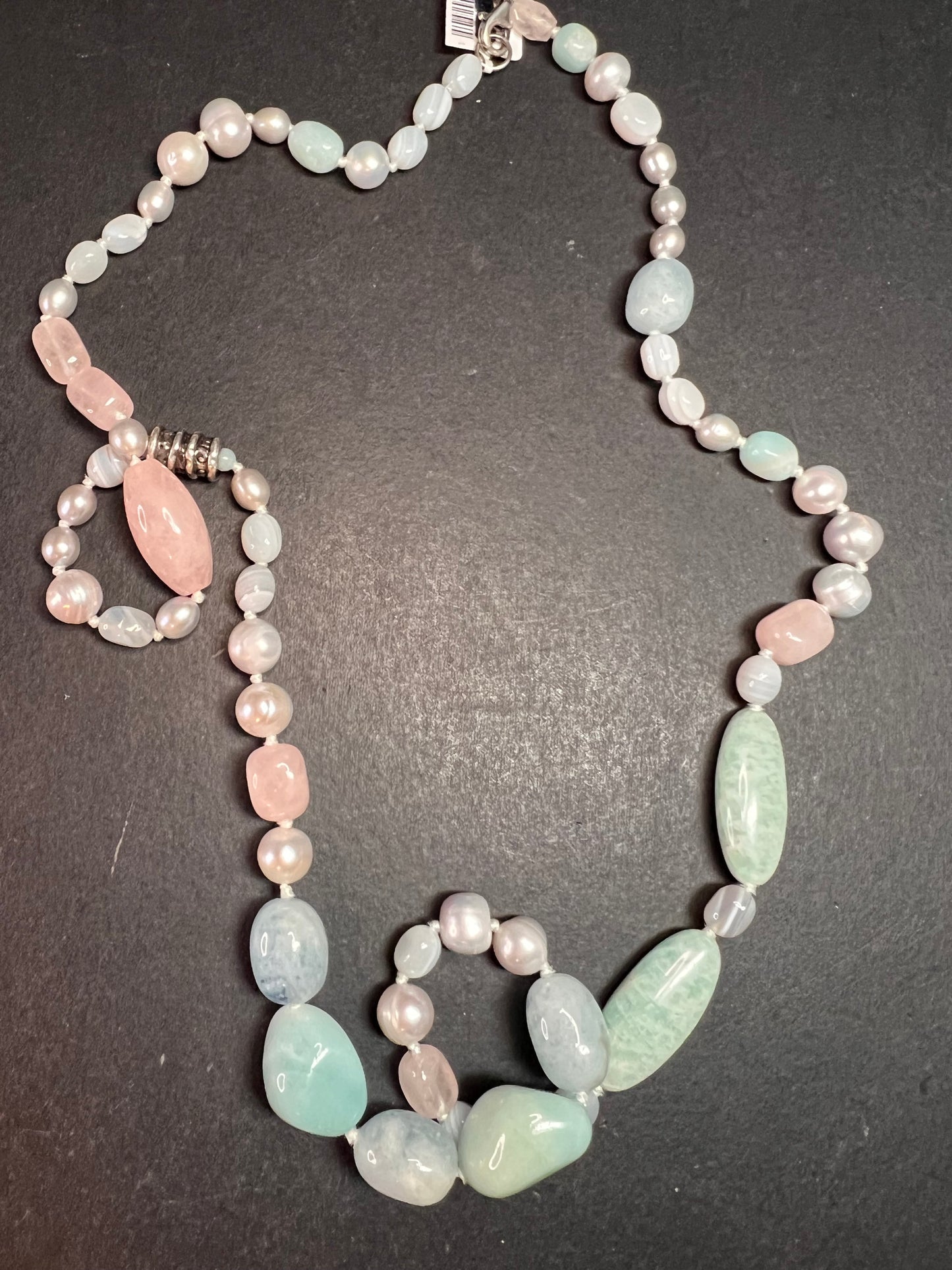 NEW amazonite , pearl multi stone sterling silver 30 inch necklace