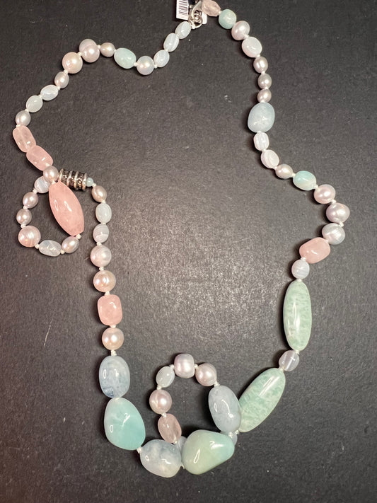NEW amazonite , pearl multi stone sterling silver 30 inch necklace