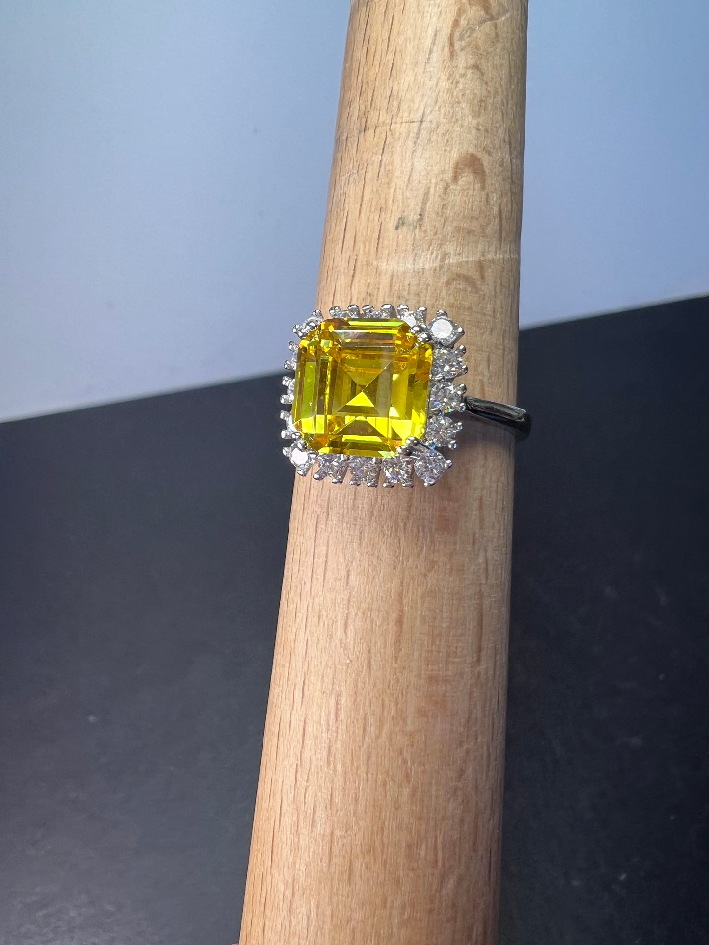 Yellow and white CZ sterling silver halo ring size 10