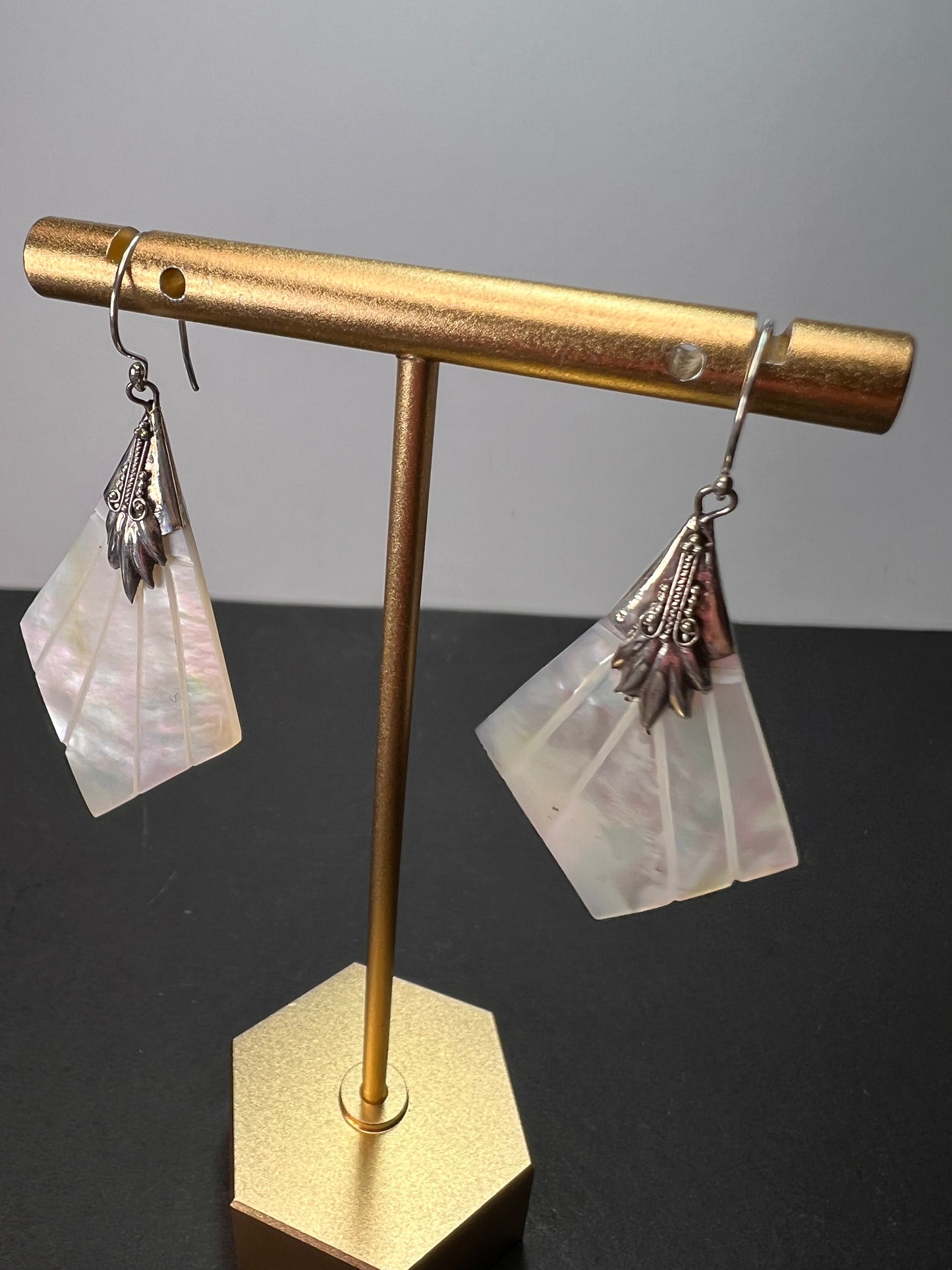 Mother of pearl sterling silver diamond dangle earrings