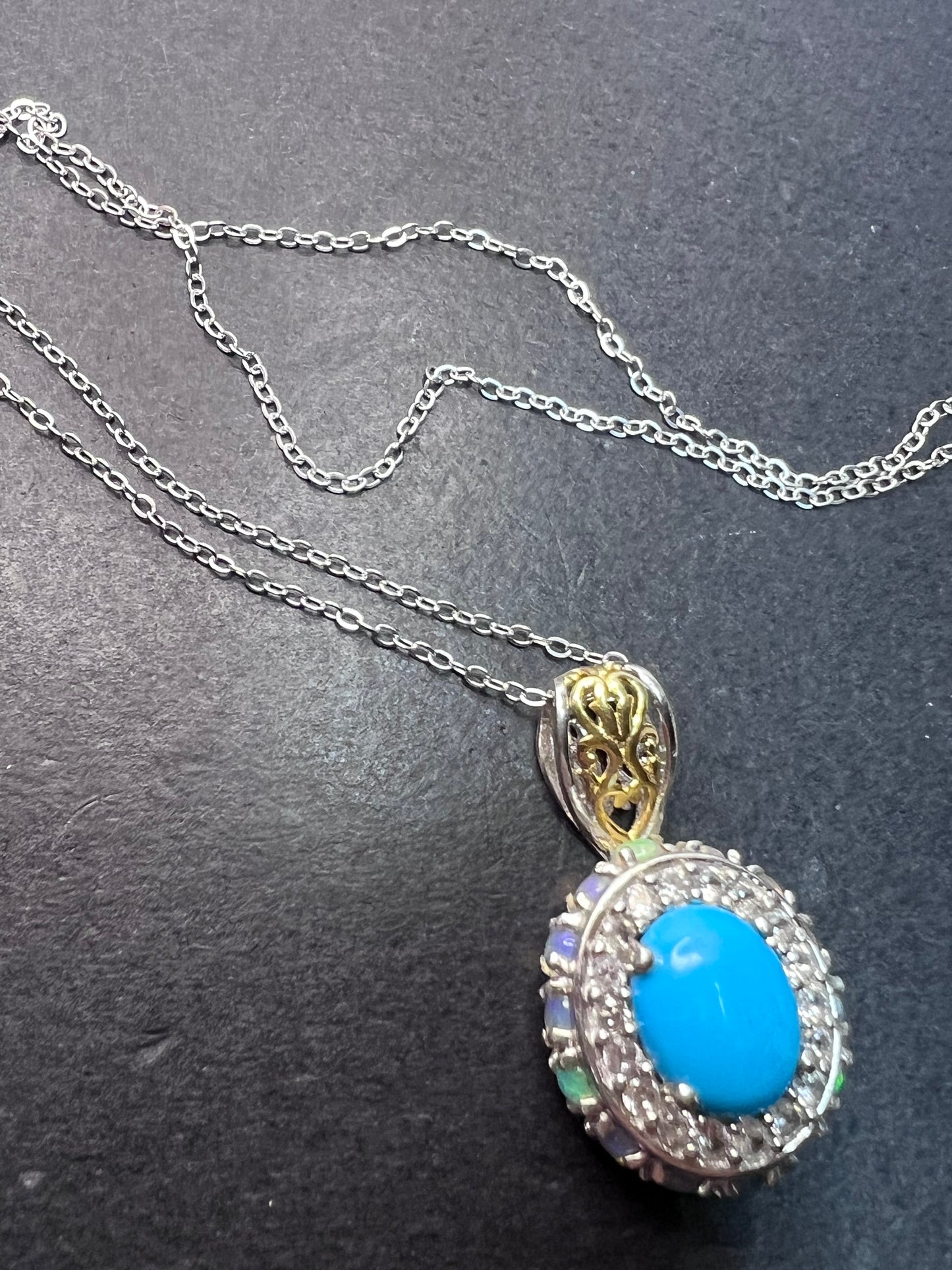 New Opal and sleeping beauty turquoise halo pendant and 20 inch chain necklace