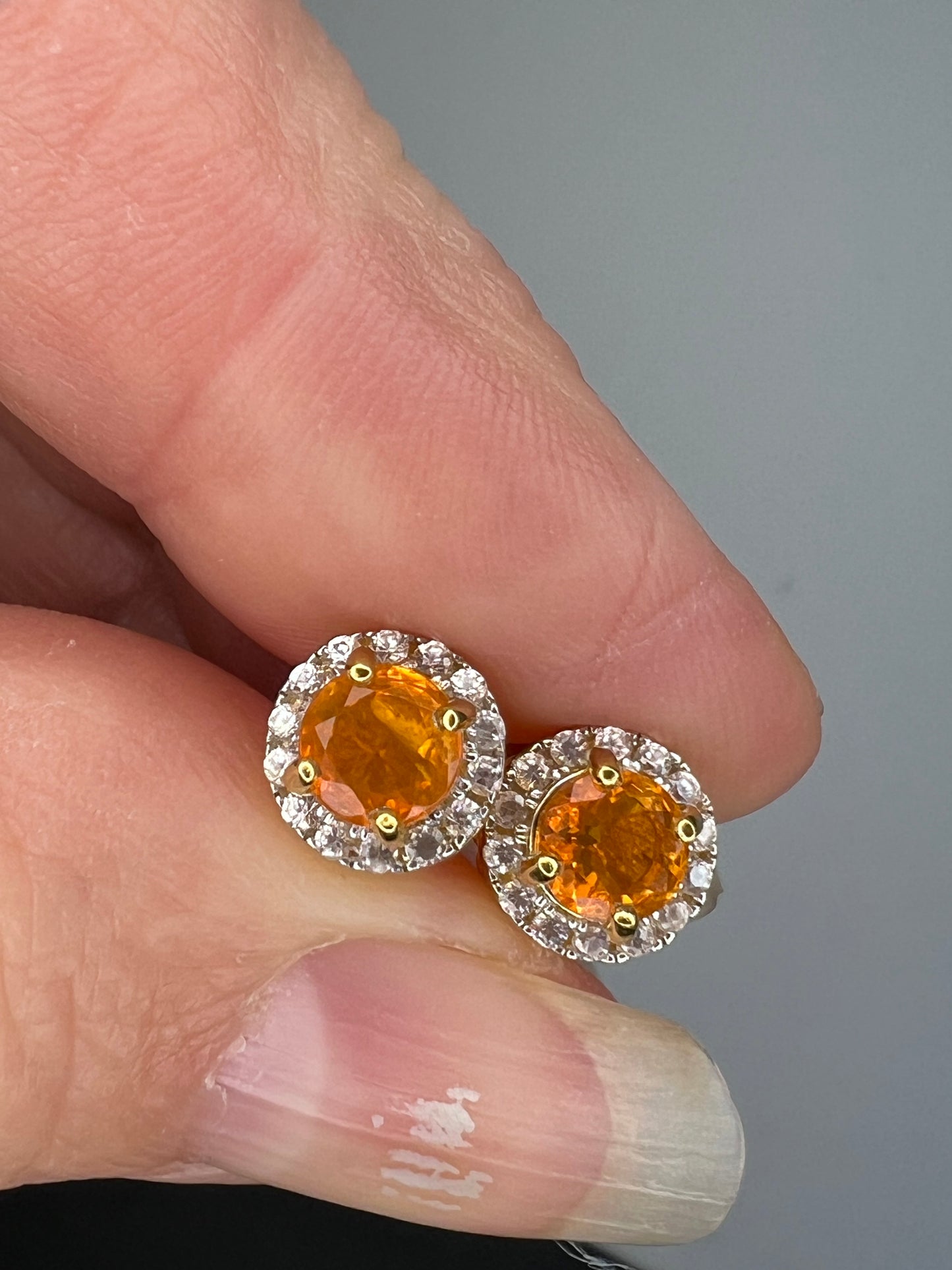 Round Orange Mexican Fire Opal 18k Yellow Gold Over Sterling Silver Halo Stud Earrings 1.01ctw