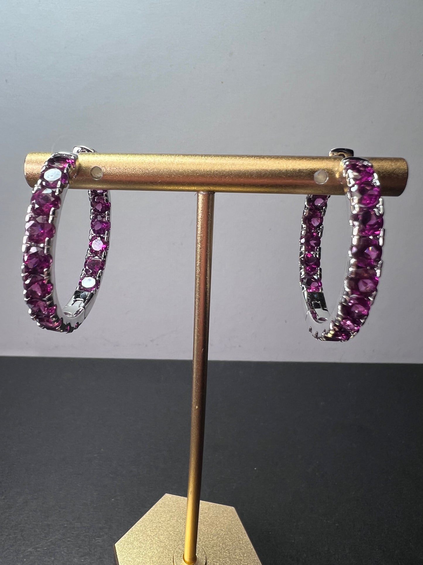 Grape rhodolite garnet hoop earrings in sterling silver