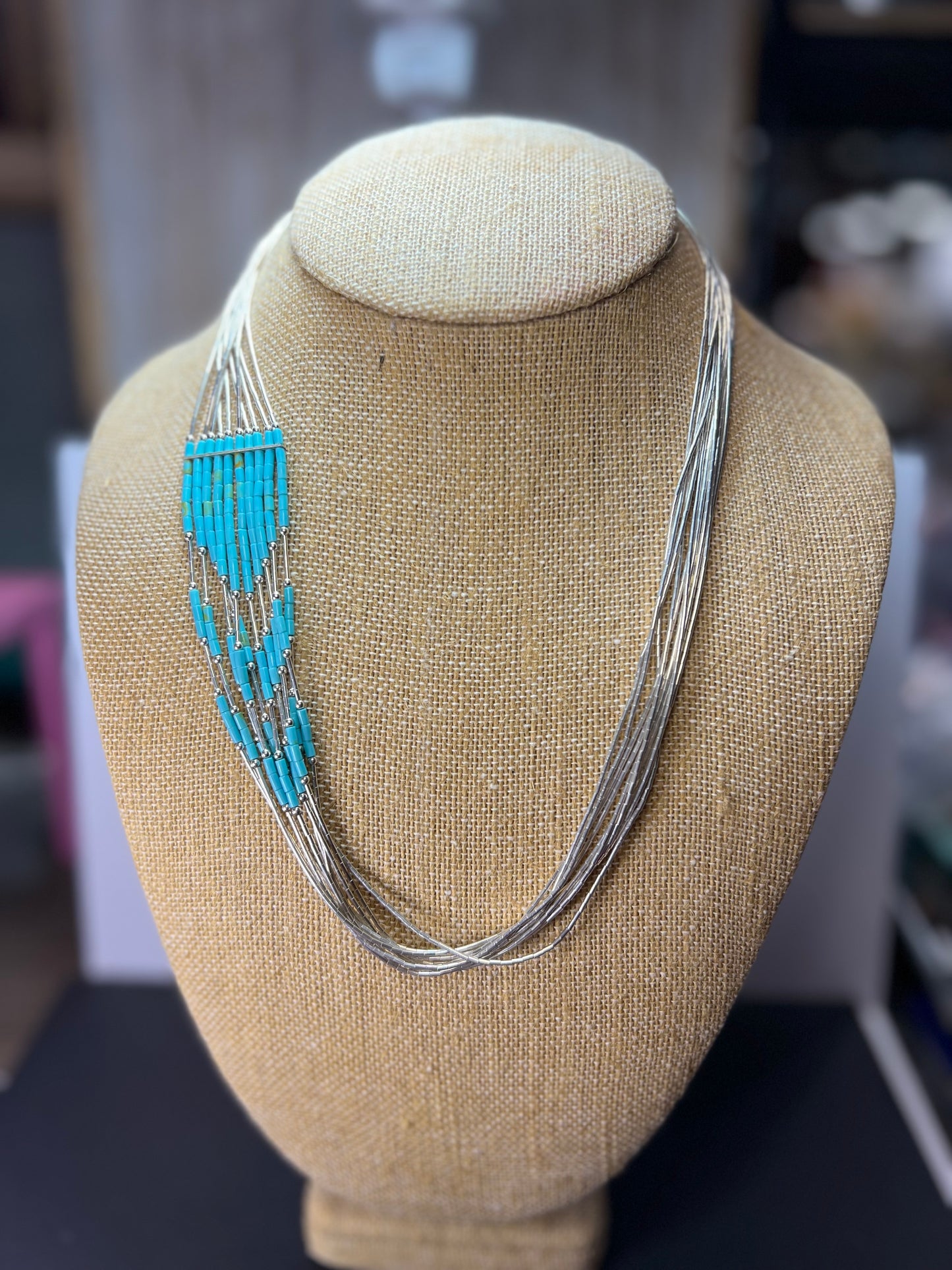 Southwest style liquid silver heishi turquoise 10 strand necklace