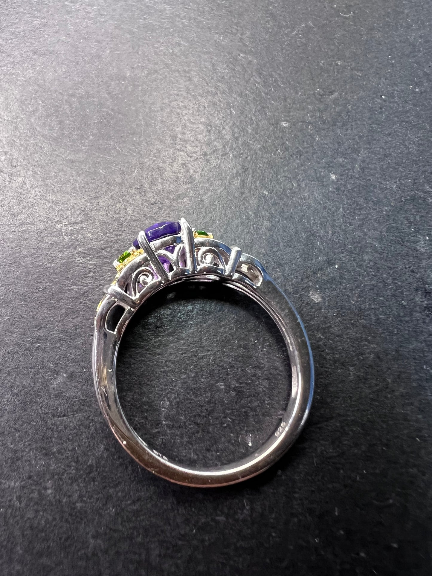 Amethyst and chrome diopside two toned sterling silver ring size 9