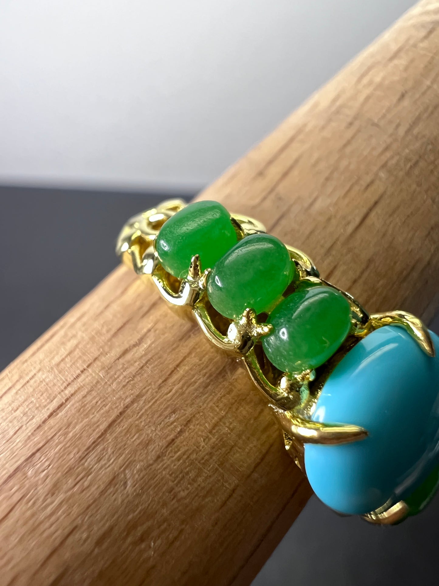 Sleeping Beauty turquoise and green jade 14k gold over silver ring size 9