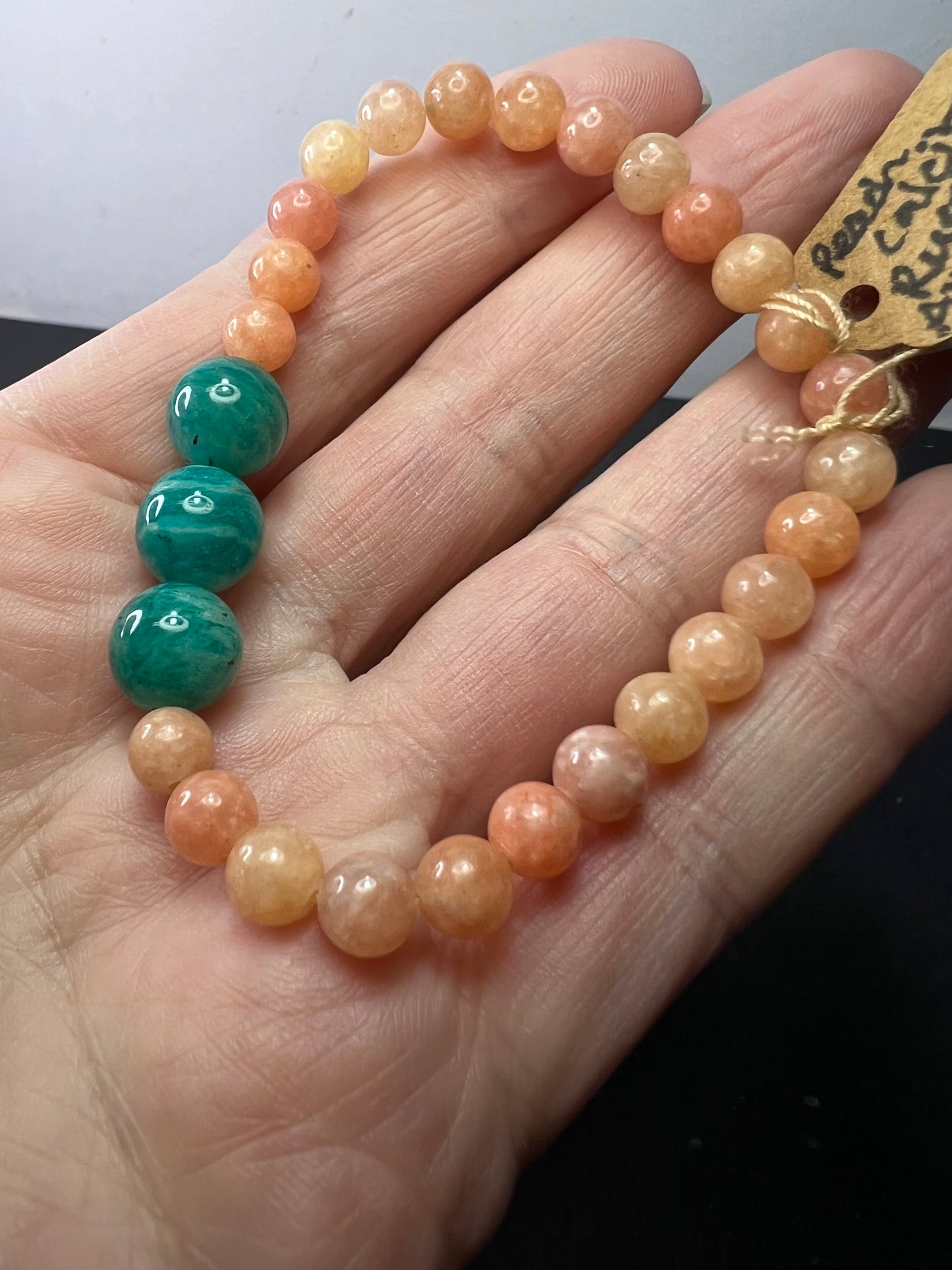 Peach calcite and Russian amazonite stretch bracelet 7 inch