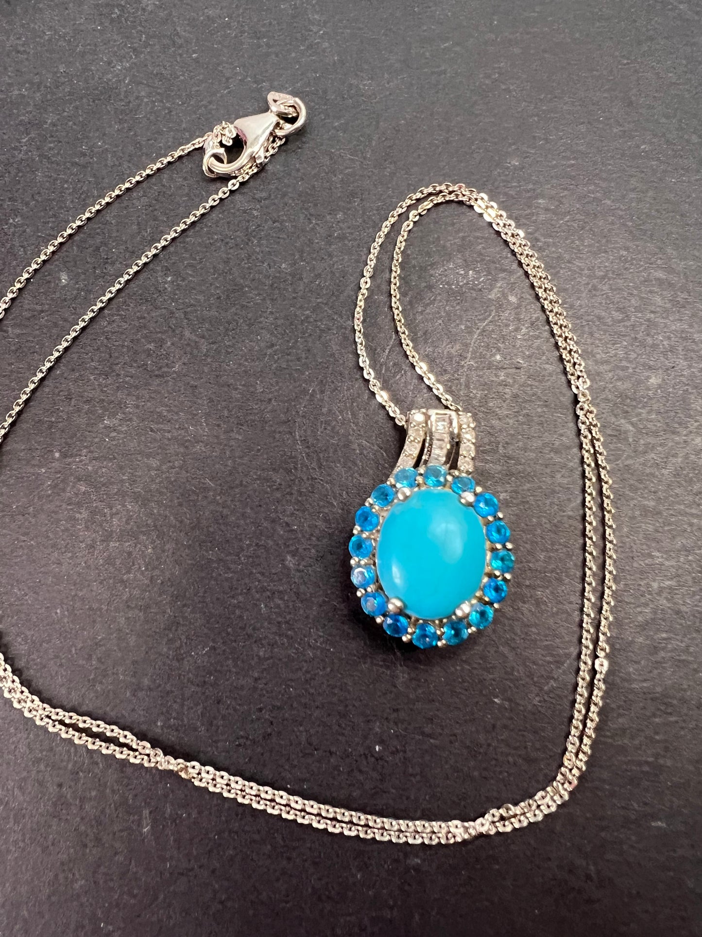 Sleeping Beauty turquoise , Malgache neon apatite and diamond halo pendant necklace in platinum over sterling silver with 20 inch chain 4.85ctw