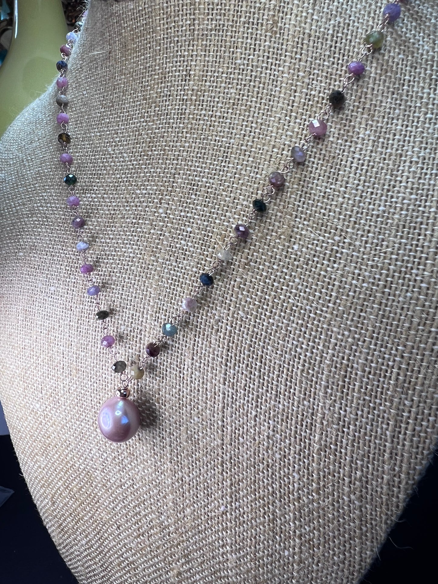 12-12.5mm Pink Cultured Freshwater Pearl & Tourmaline 18k Rose Gold Over Silver 18 Inch Necklace