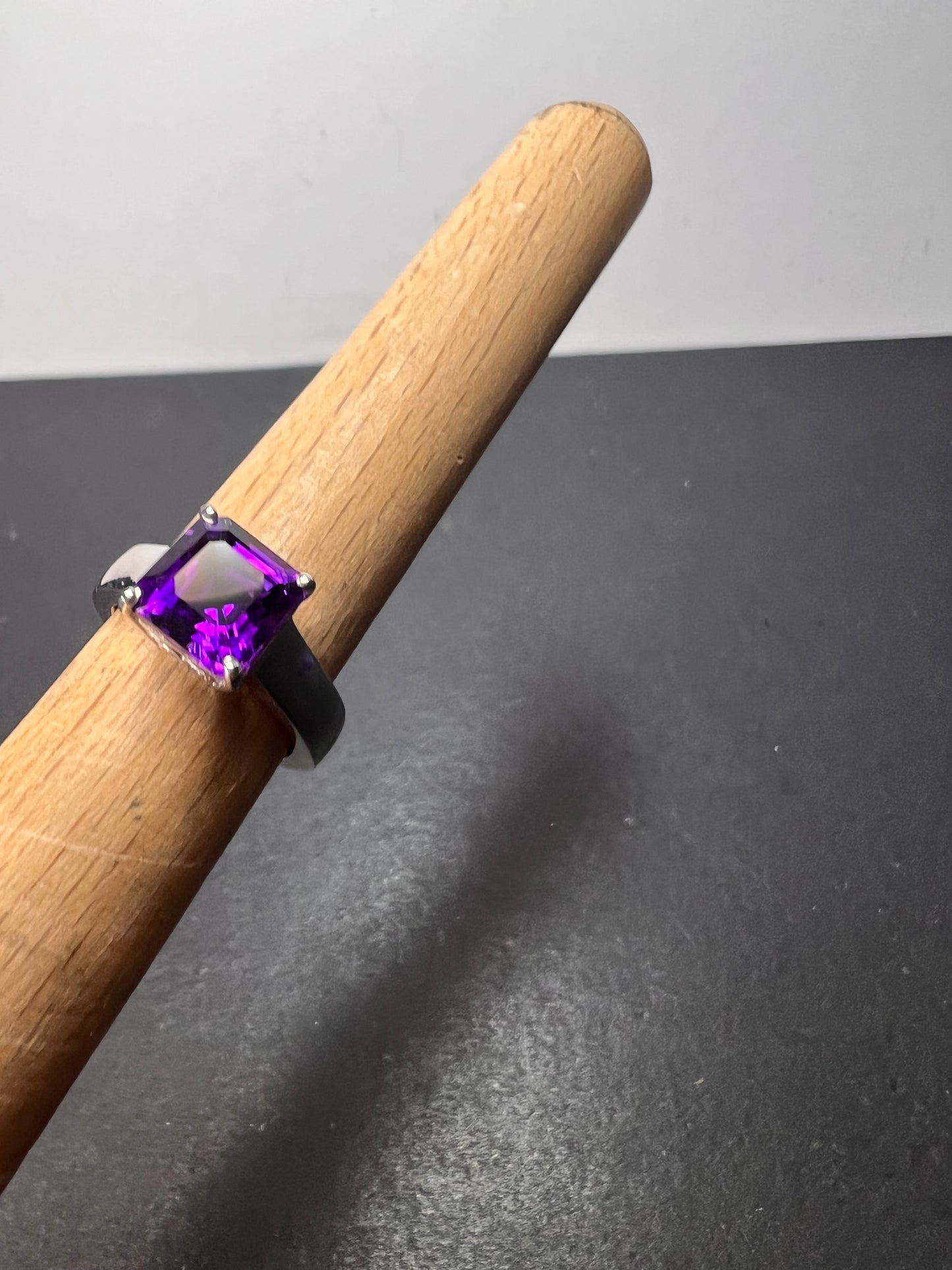 Asscher cut Moroccan amethyst solitaire ring in platinum over sterling silver size 5 *NEW*