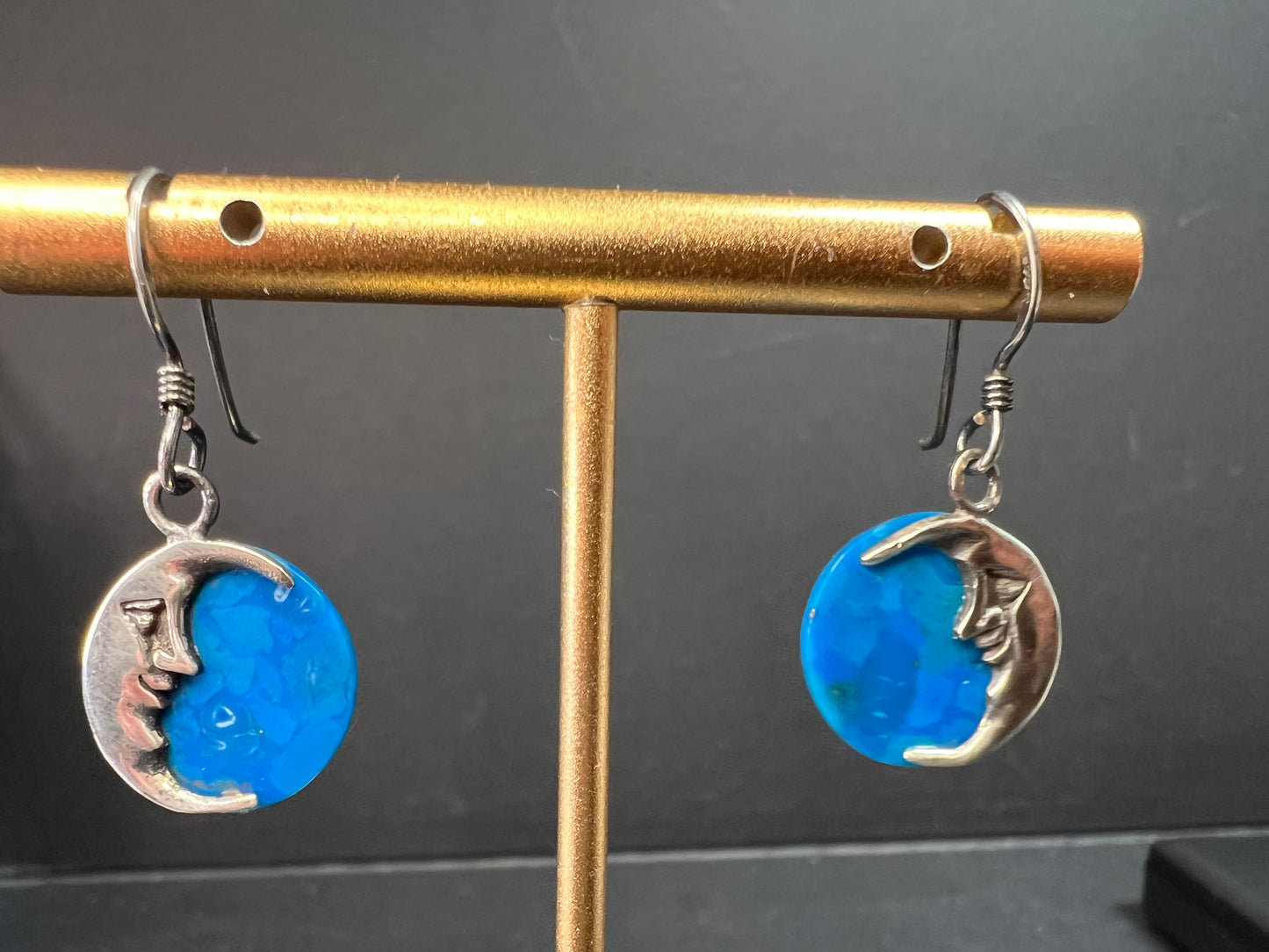 Vintage Sterling Silver Crescent Moon Blue Stone Dangle Earrings