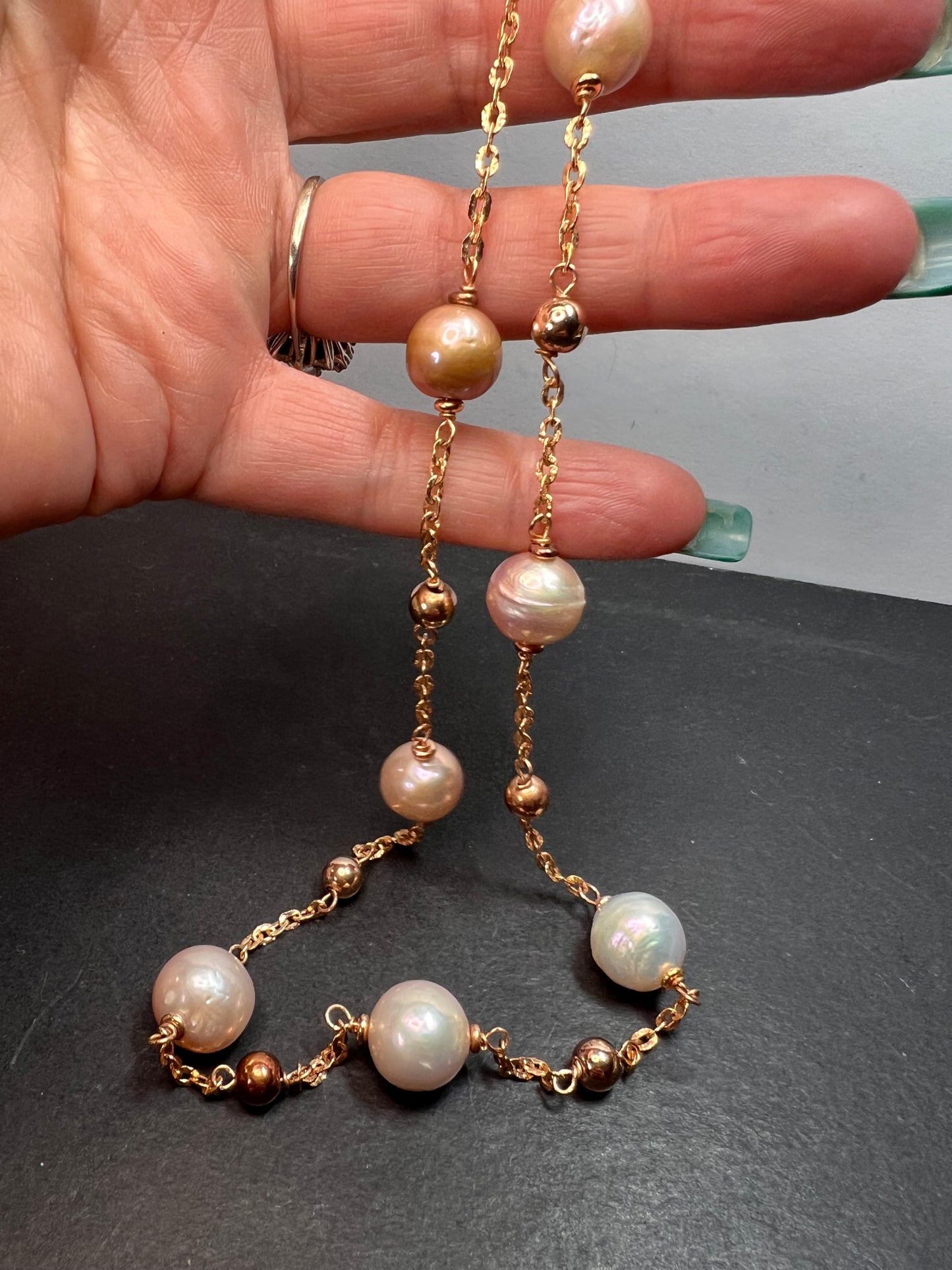 Cultured pearl station necklace in rose gold over bronze