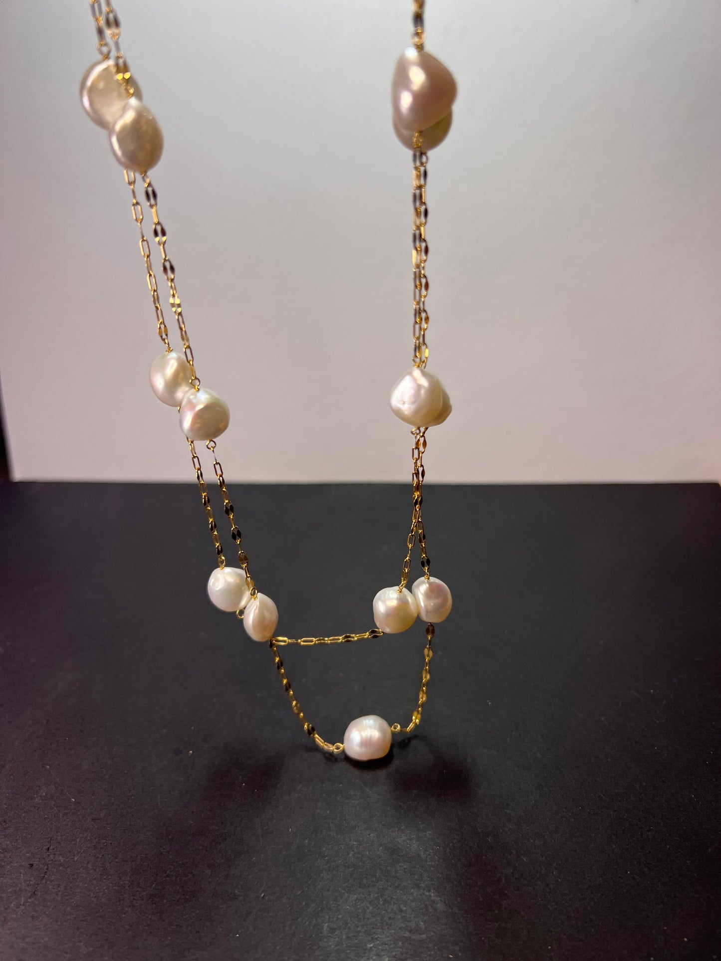 10.5-11mm white cultured freshwater pearl double strand station necklace in 18k yellow gold over sterling silver