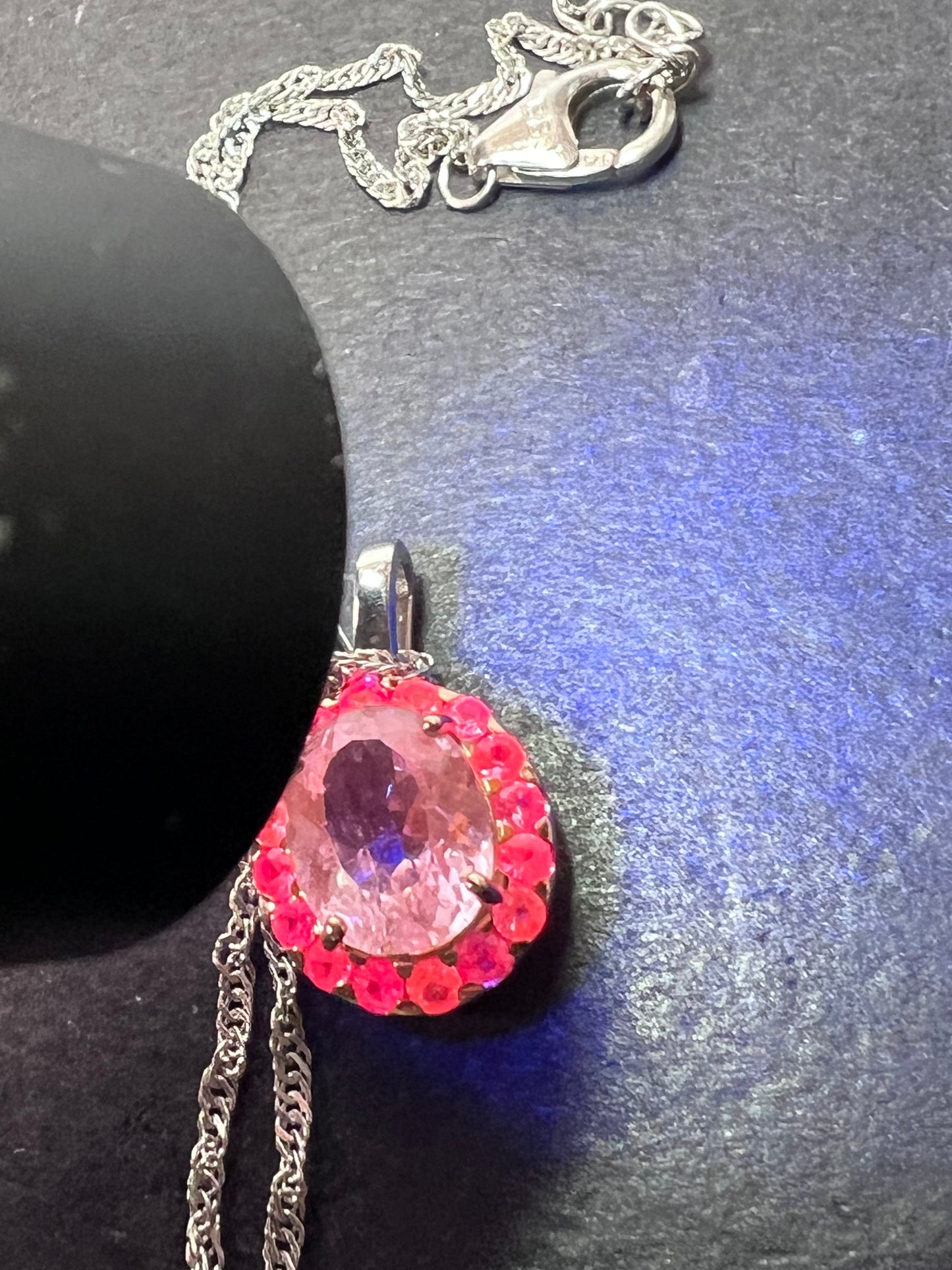 Kunzite and pink sapphire halo pendant necklace in sterling silver