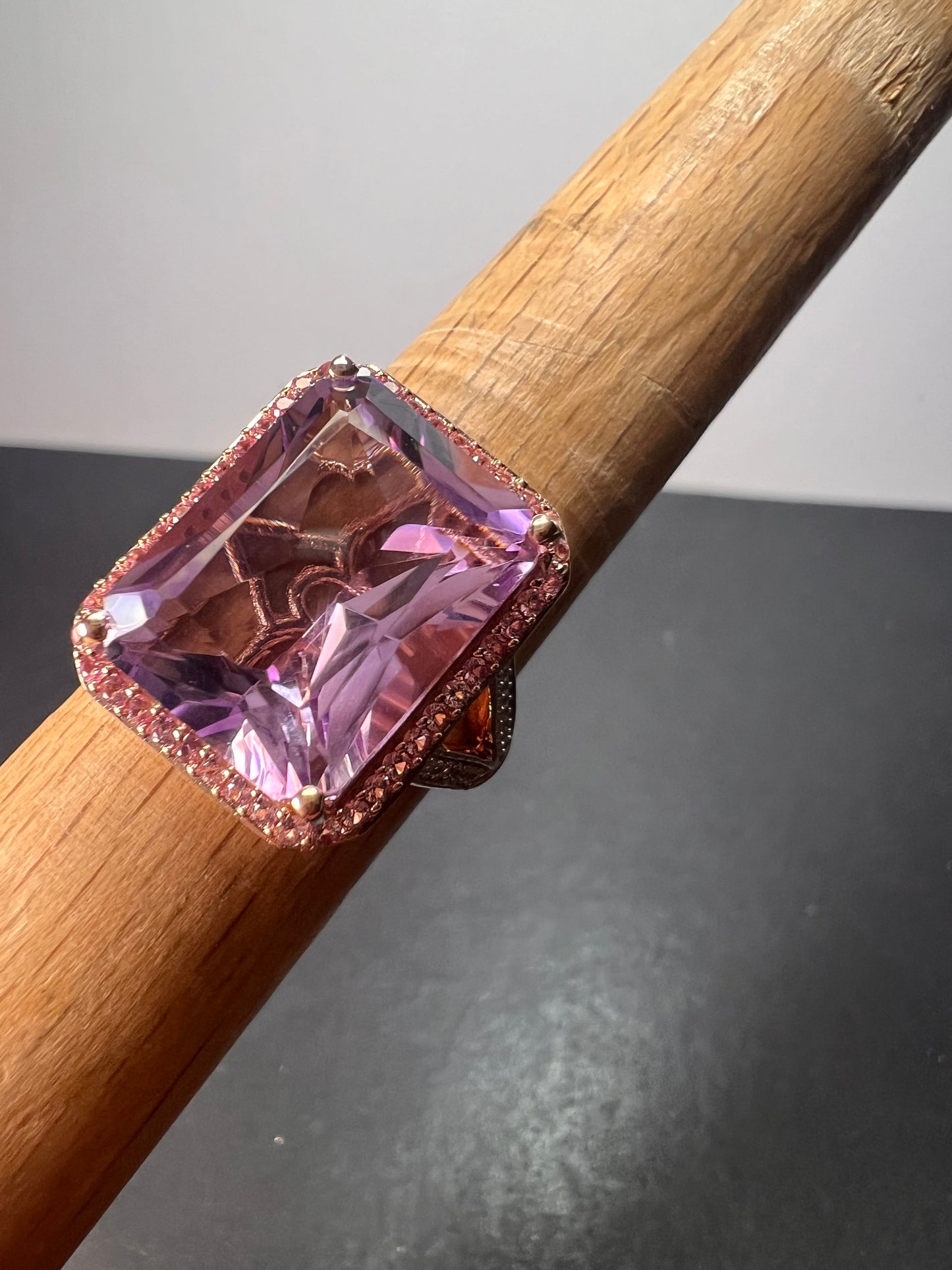 Radiant cut rose de France amethyst and pink sapphire halo ring in rose gold vermeil over sterling silver size 8 *NEW*