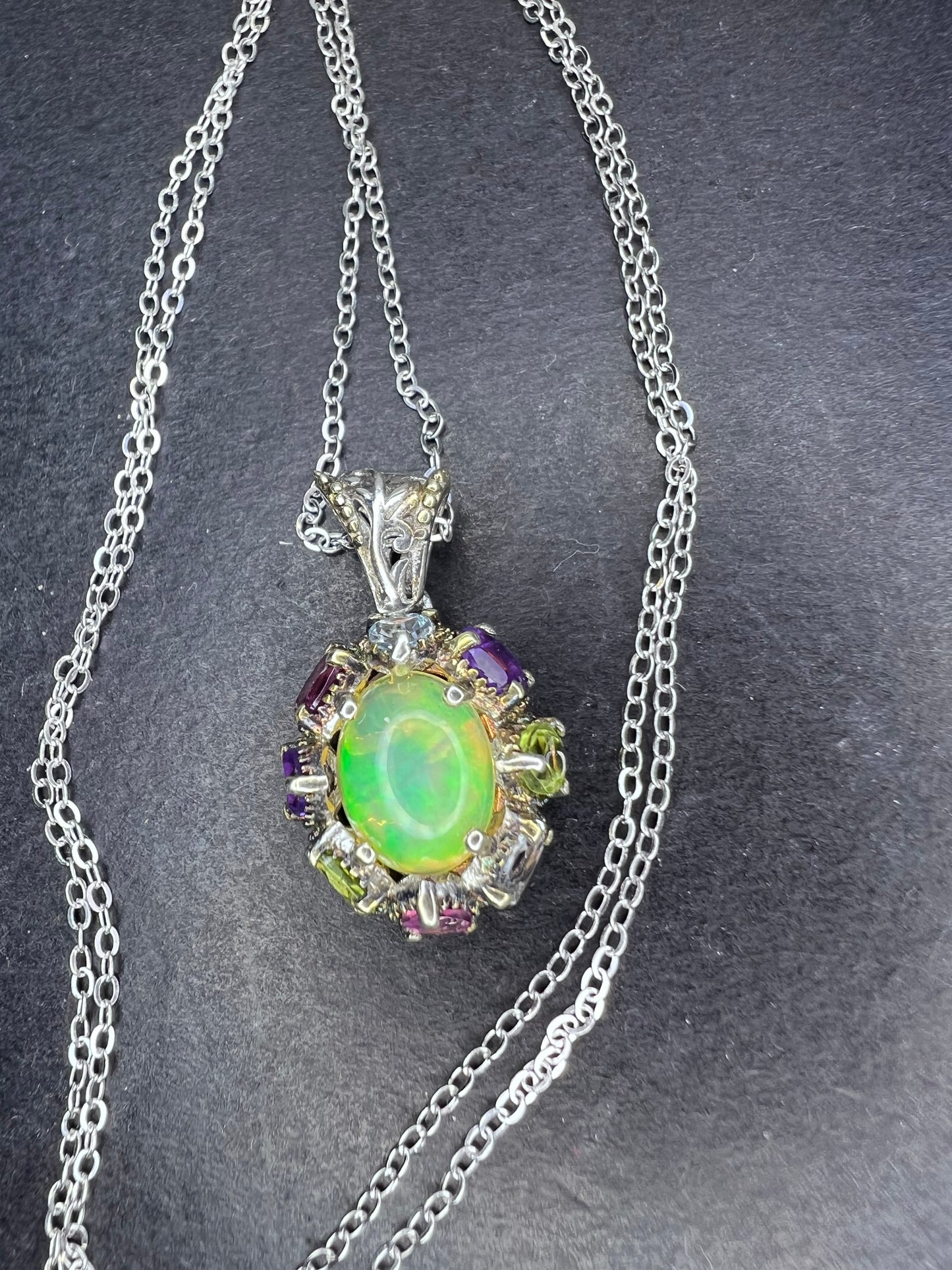 Ethiopian opal multi stone sterling silver halo pendant necklace