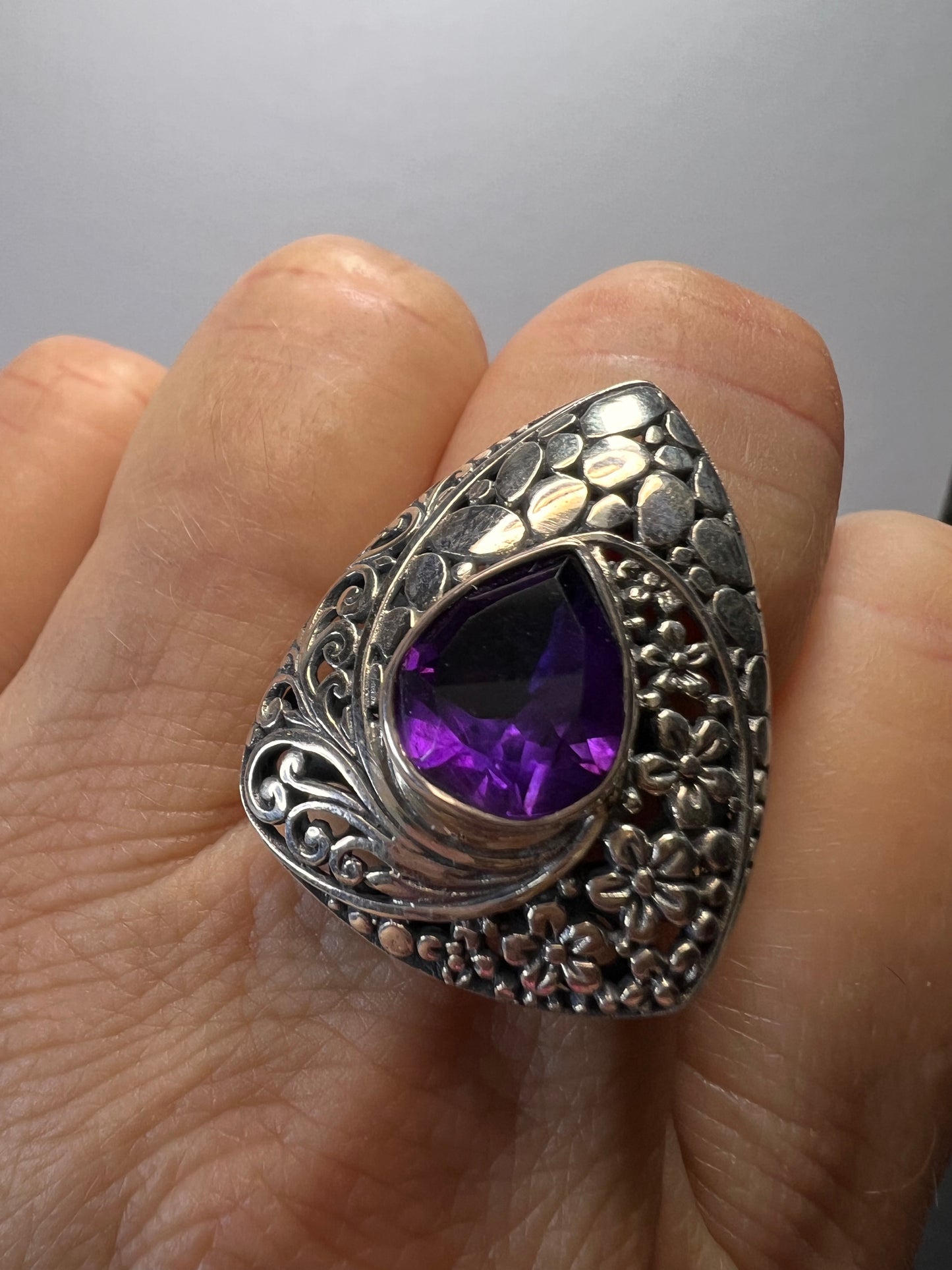 African amethyst planchette teardrop style sterling silver floral ring size 9