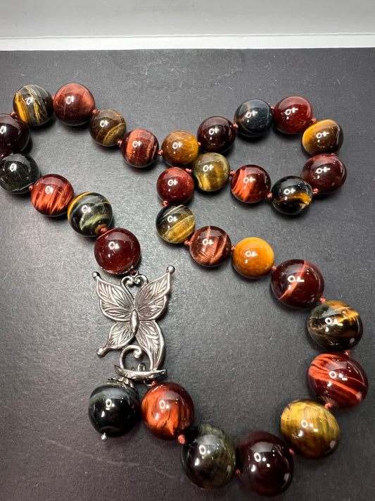 Multi tigers eye beaded knotted necklace with stainless steel toggle clasp