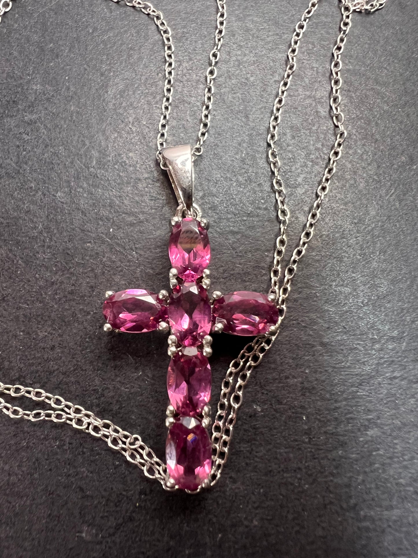 Raspberry rhodolite garnet cross pendant and chain necklace in sterling silver