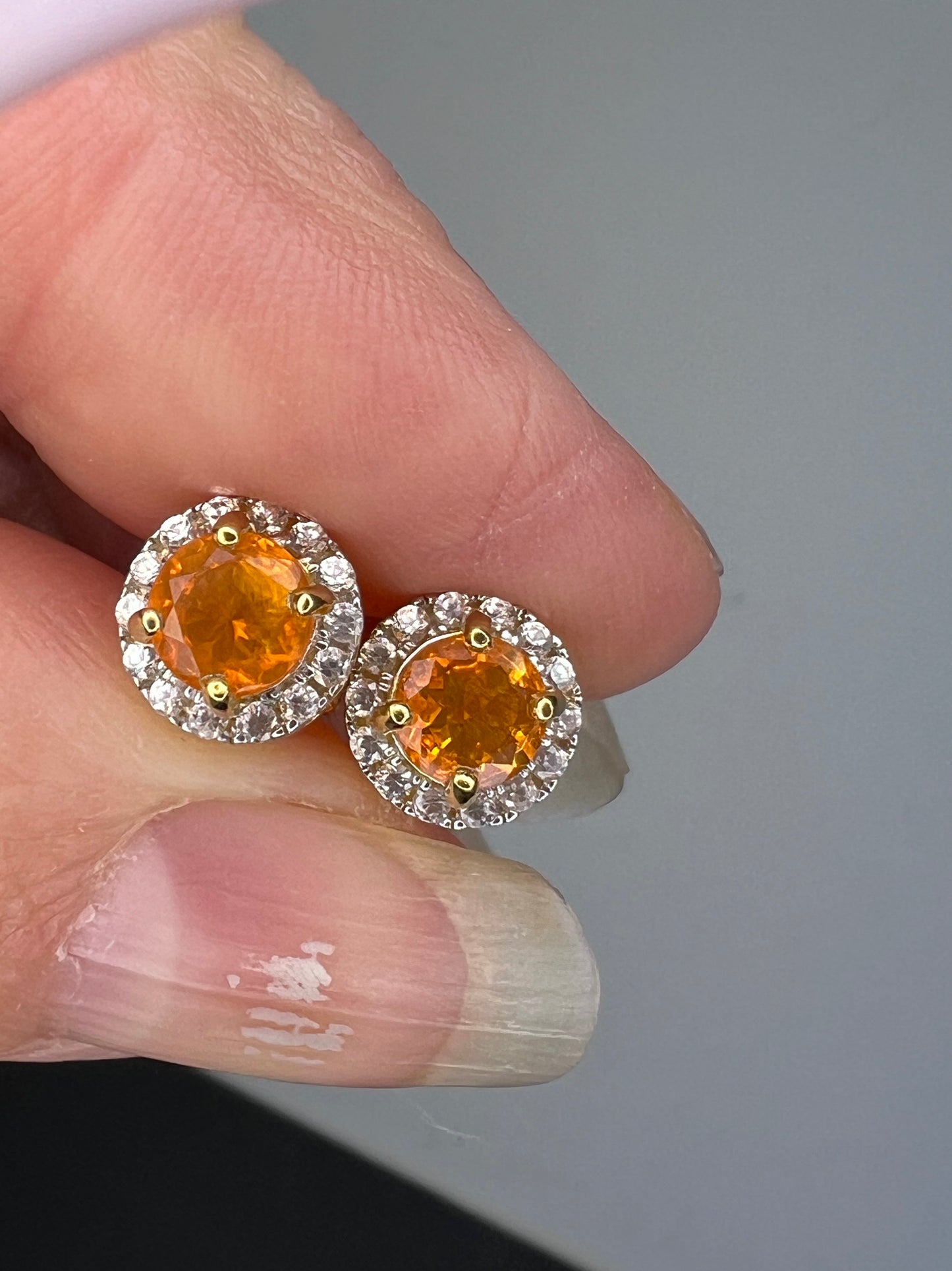 Round Orange Mexican Fire Opal 18k Yellow Gold Over Sterling Silver Halo Stud Earrings 1.01ctw