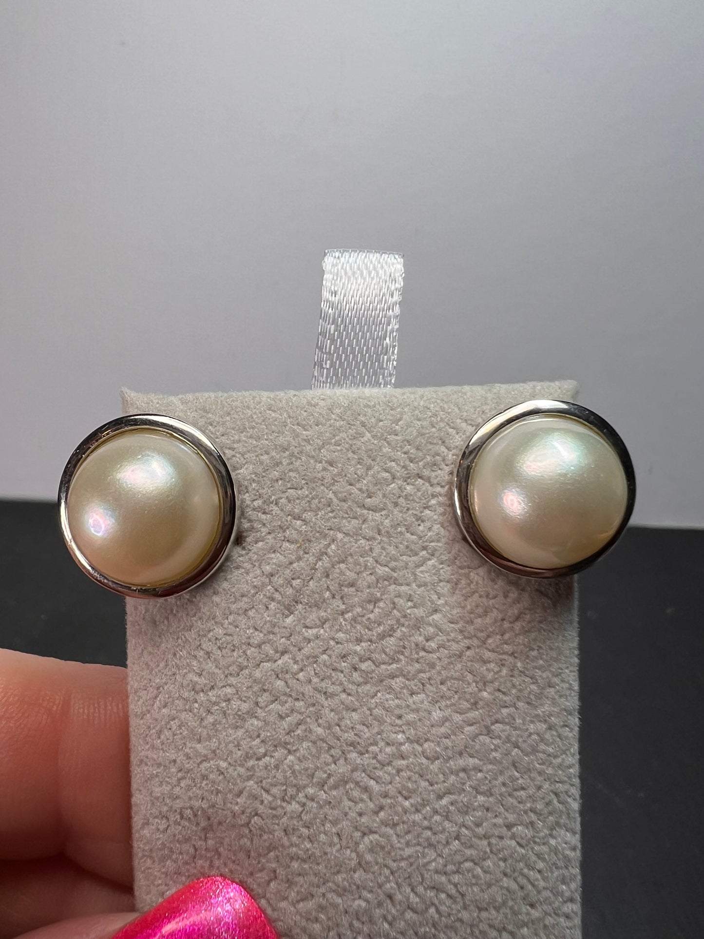 White Cultured South Sea Mabe Pearl 12mm Rhodium Over Sterling Silver Earrings *NEW*