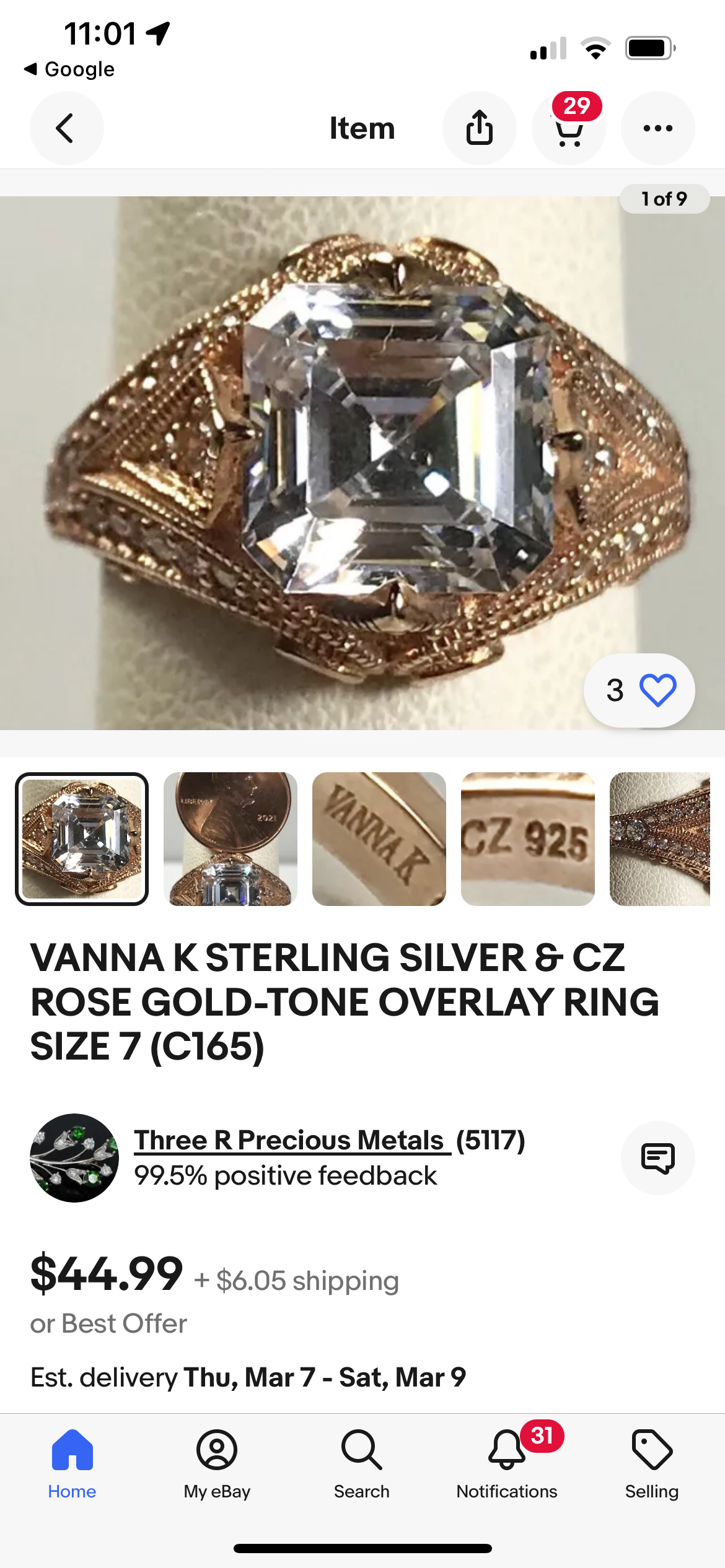 Vanna K radiant square CZ vermeil ring size 8