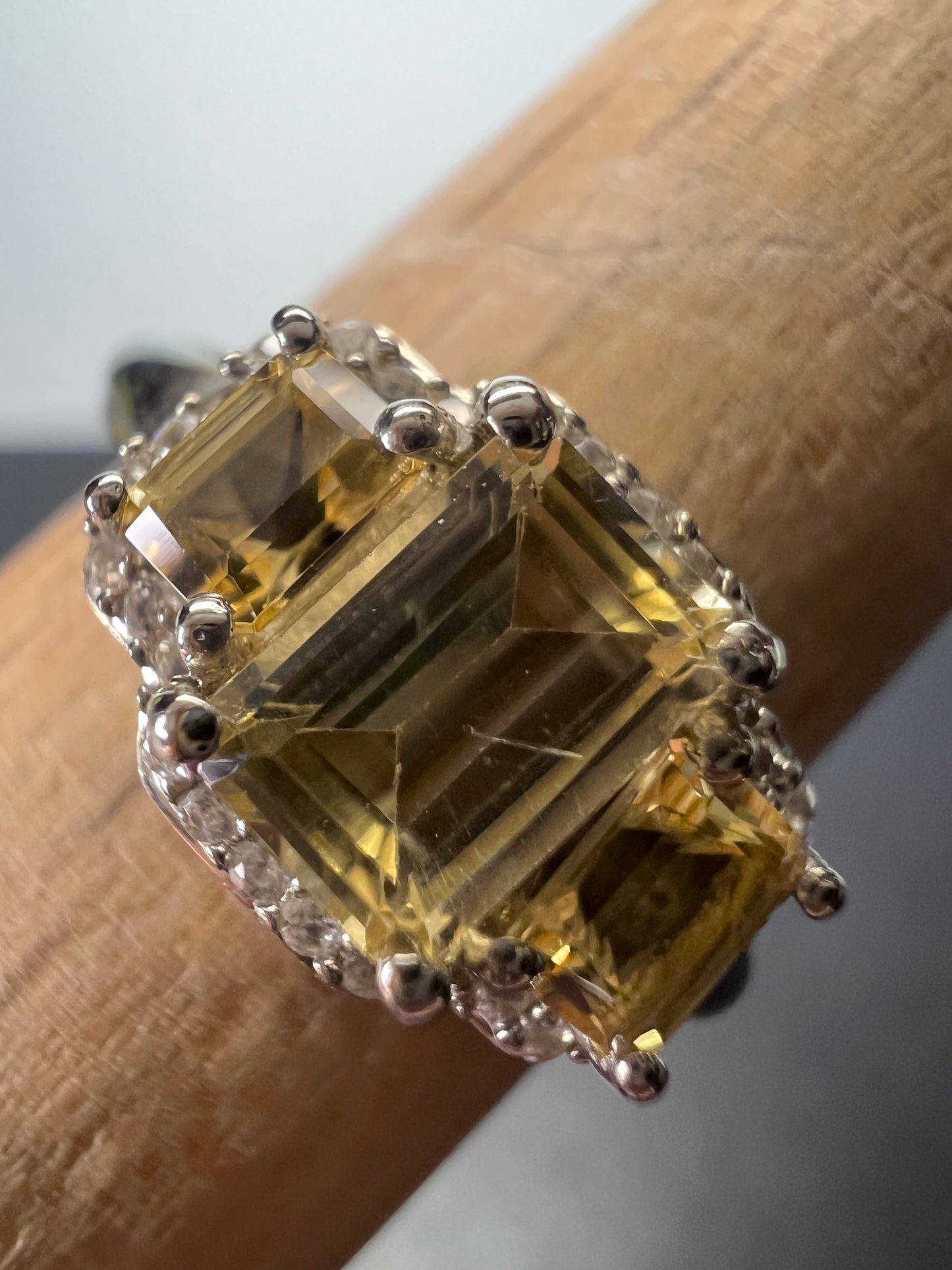 Citrine triple baguette halo ring in sterling silver size 7