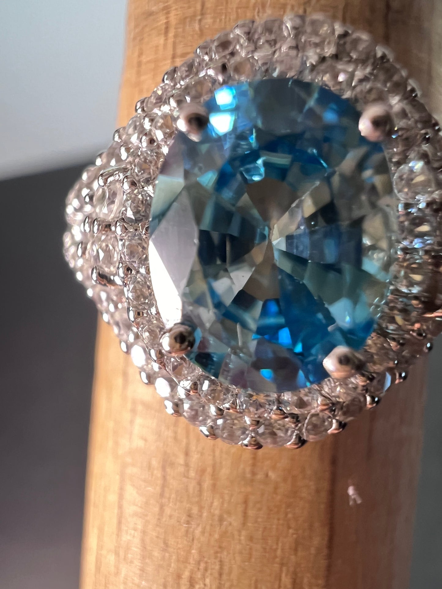 10k white gold blue topaz and white zircon double halo ring size 9