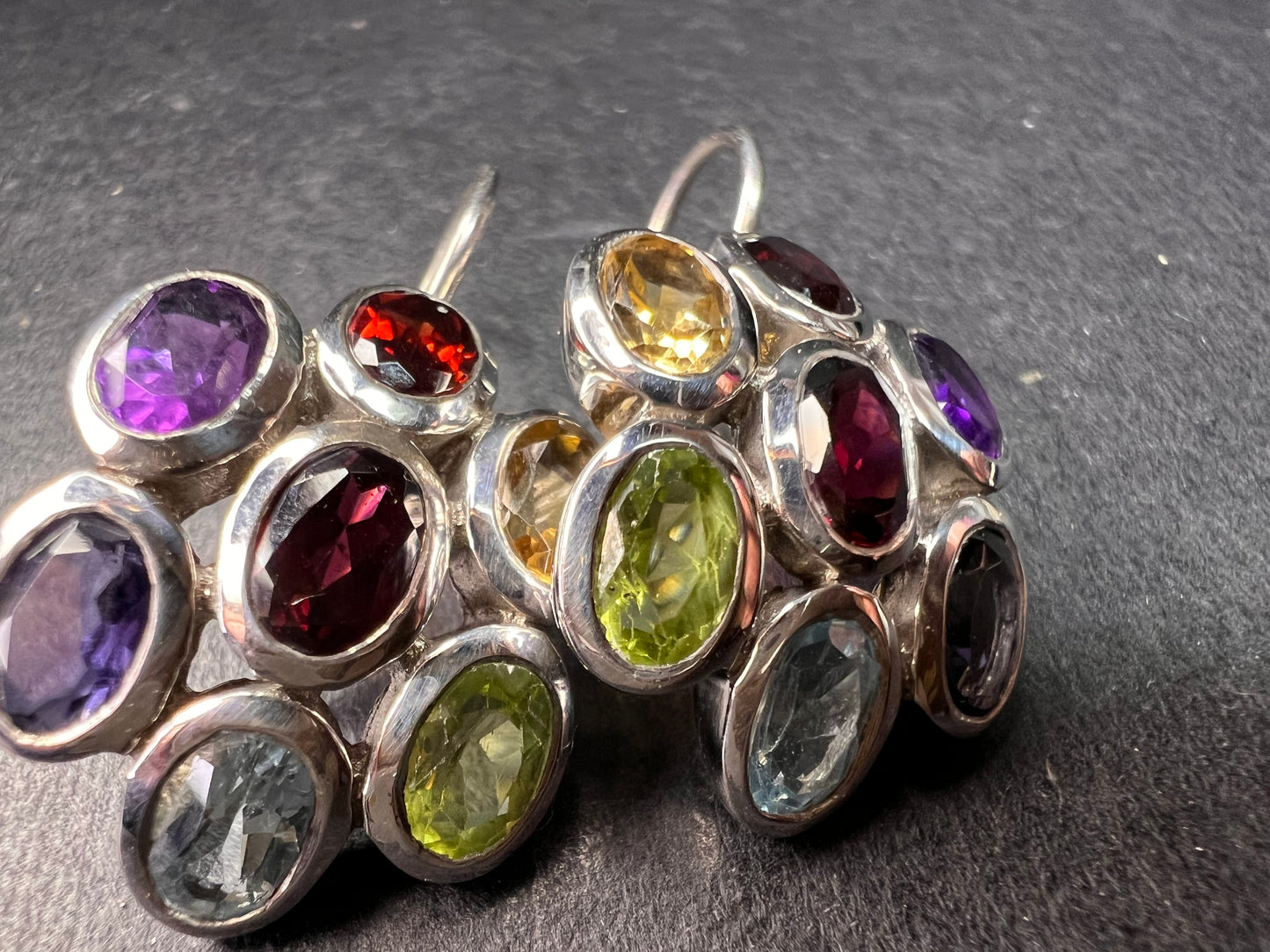 Vintage multi gemstone cluster boho earrings in sterling silver