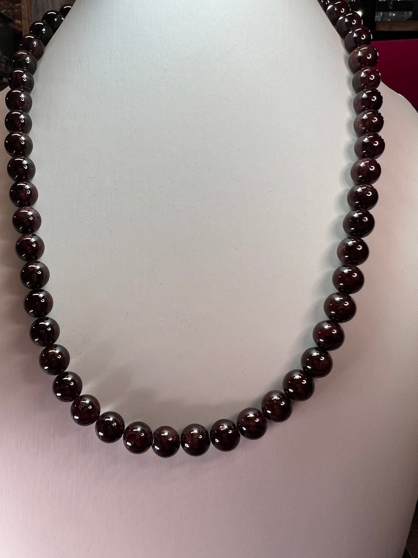 Garnet beaded necklace with sterling silver clasp