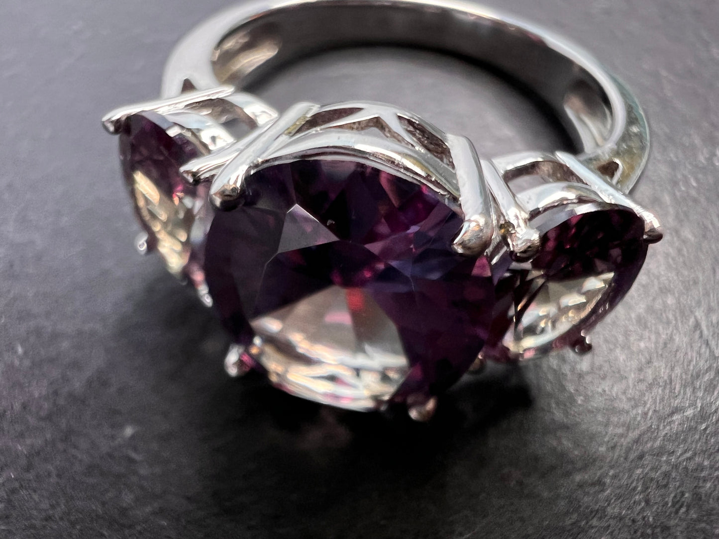 Lab created alexandrite trilogy ring in rhodium over sterling silver size 9