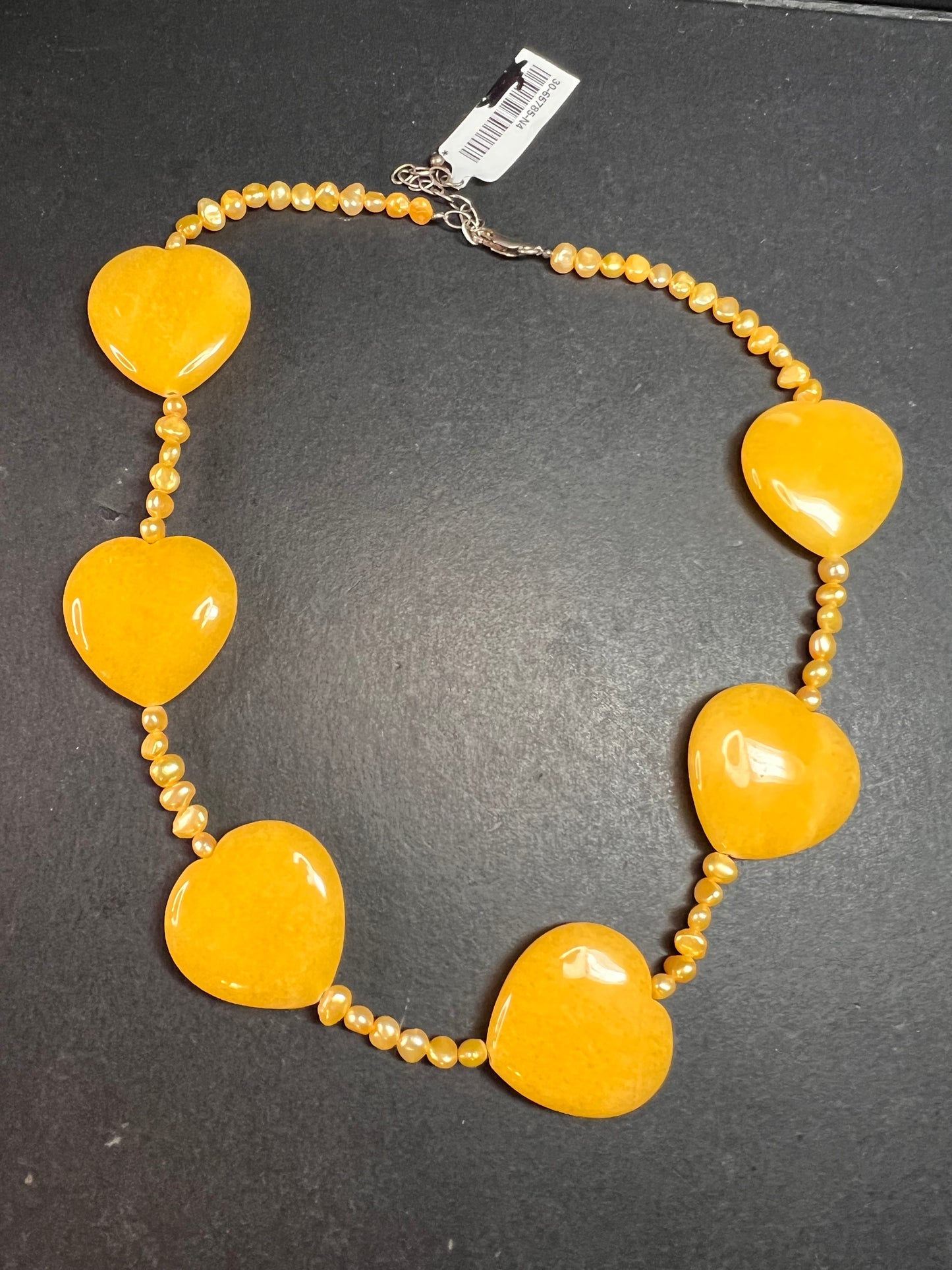 NEW yellow quartzite hearts and pearl station necklace with sterling silver clasp