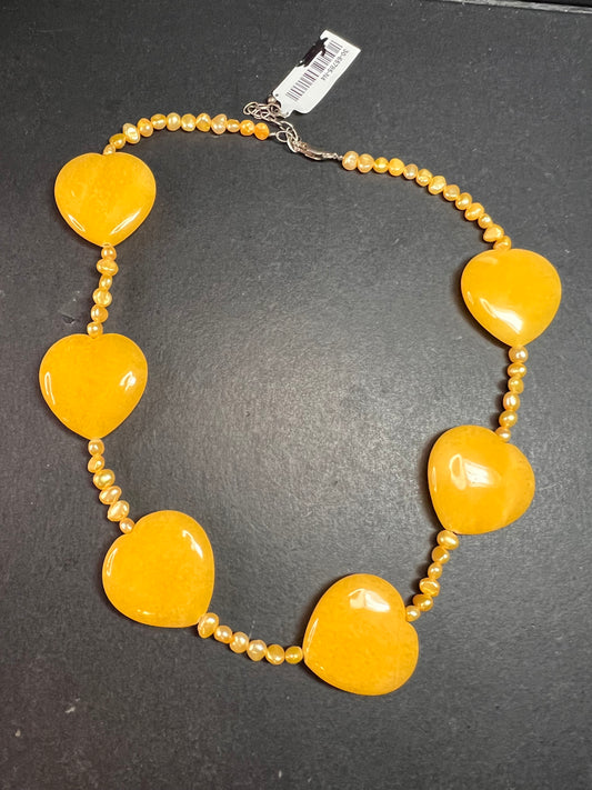 NEW yellow quartzite hearts and pearl station necklace with sterling silver clasp