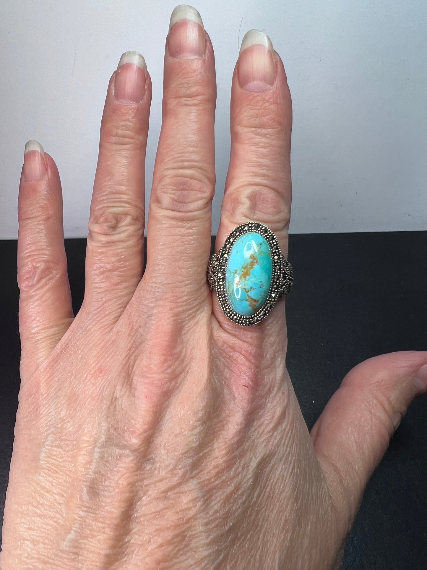 Turquoise composite sterling silver and marcasite ring size 9